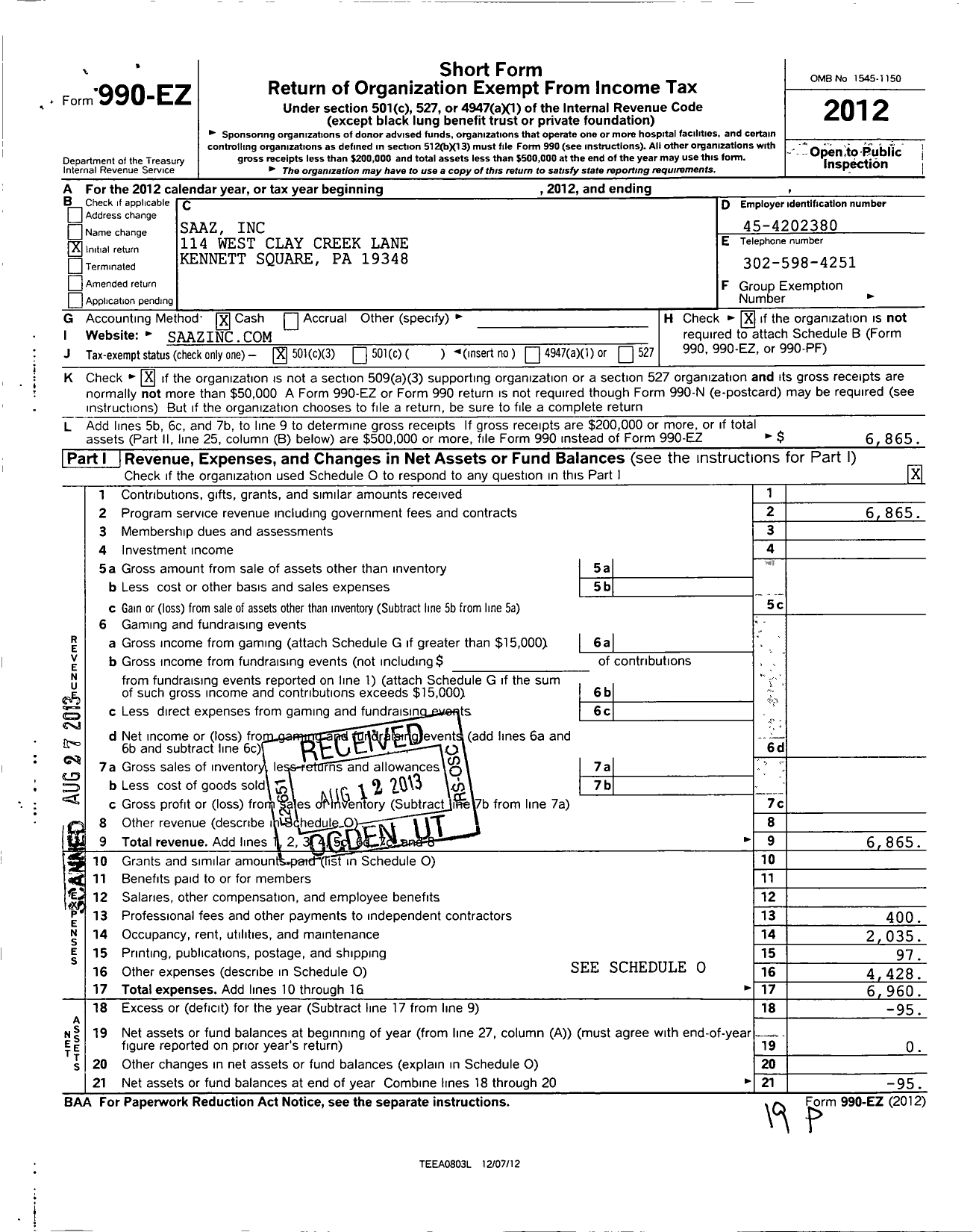 Image of first page of 2012 Form 990EZ for Saaz