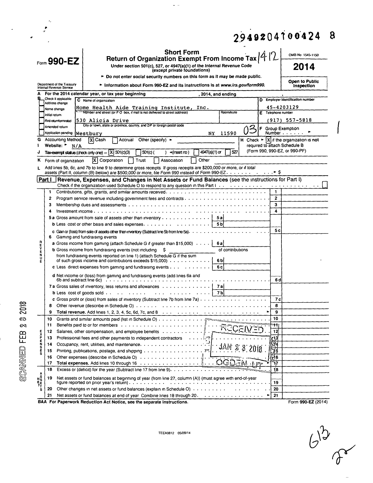 Image of first page of 2014 Form 990EZ for Home Health Aide Training Institute