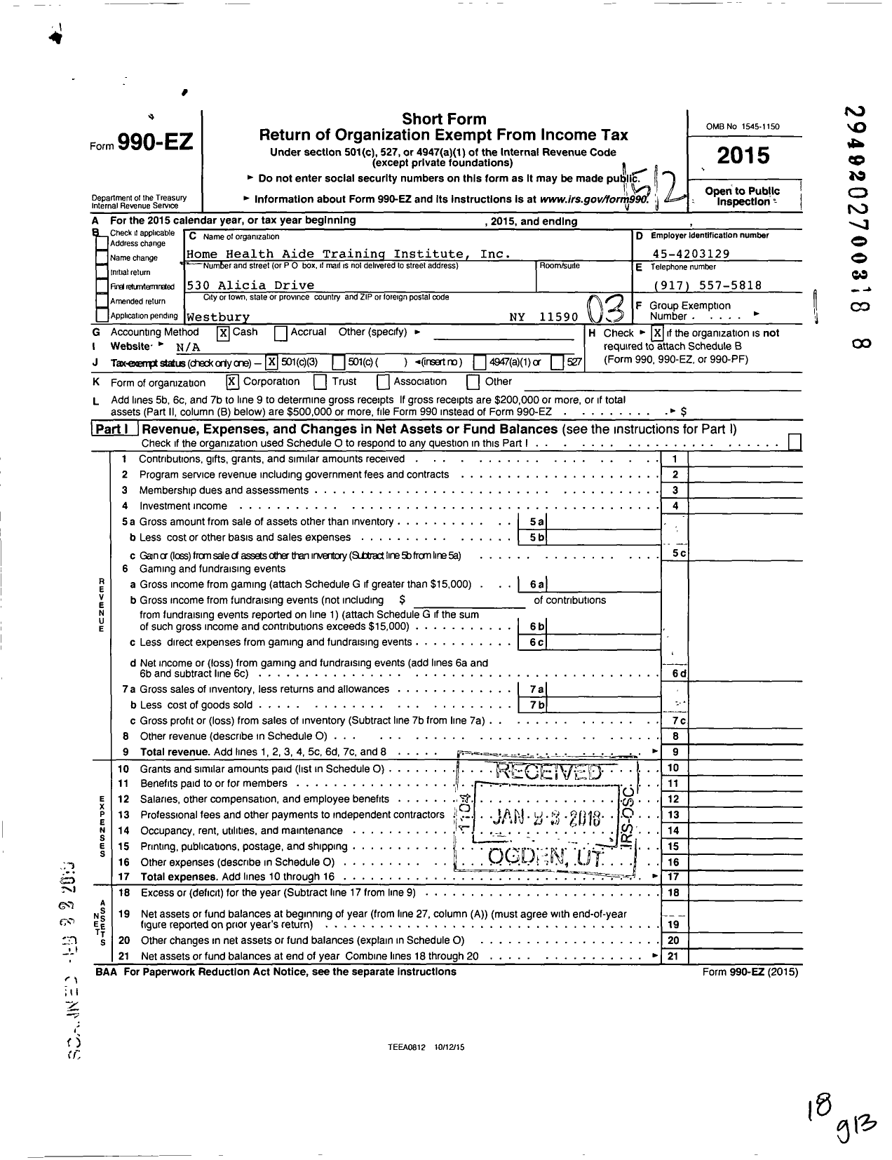 Image of first page of 2015 Form 990EZ for Home Health Aide Training Institute