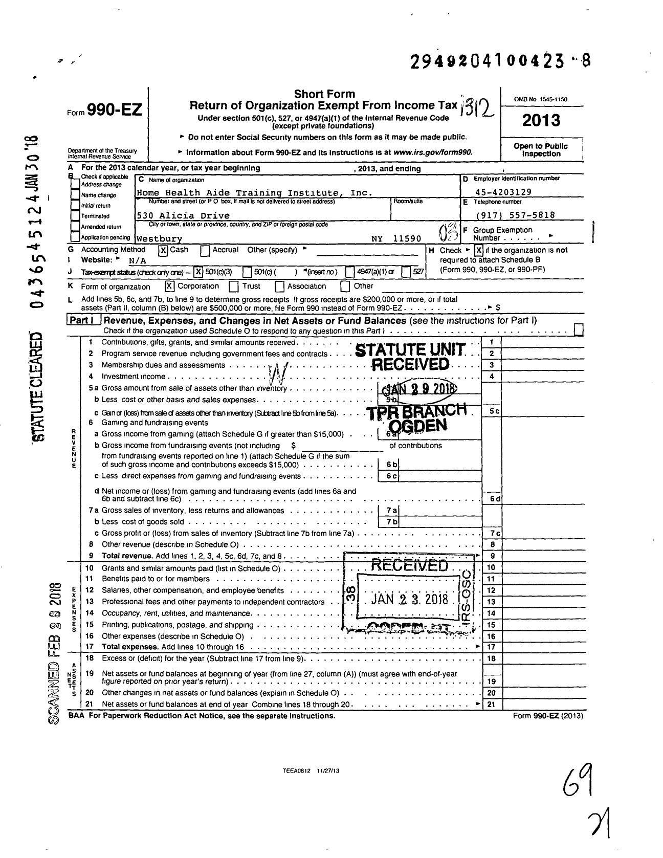 Image of first page of 2013 Form 990EZ for Home Health Aide Training Institute