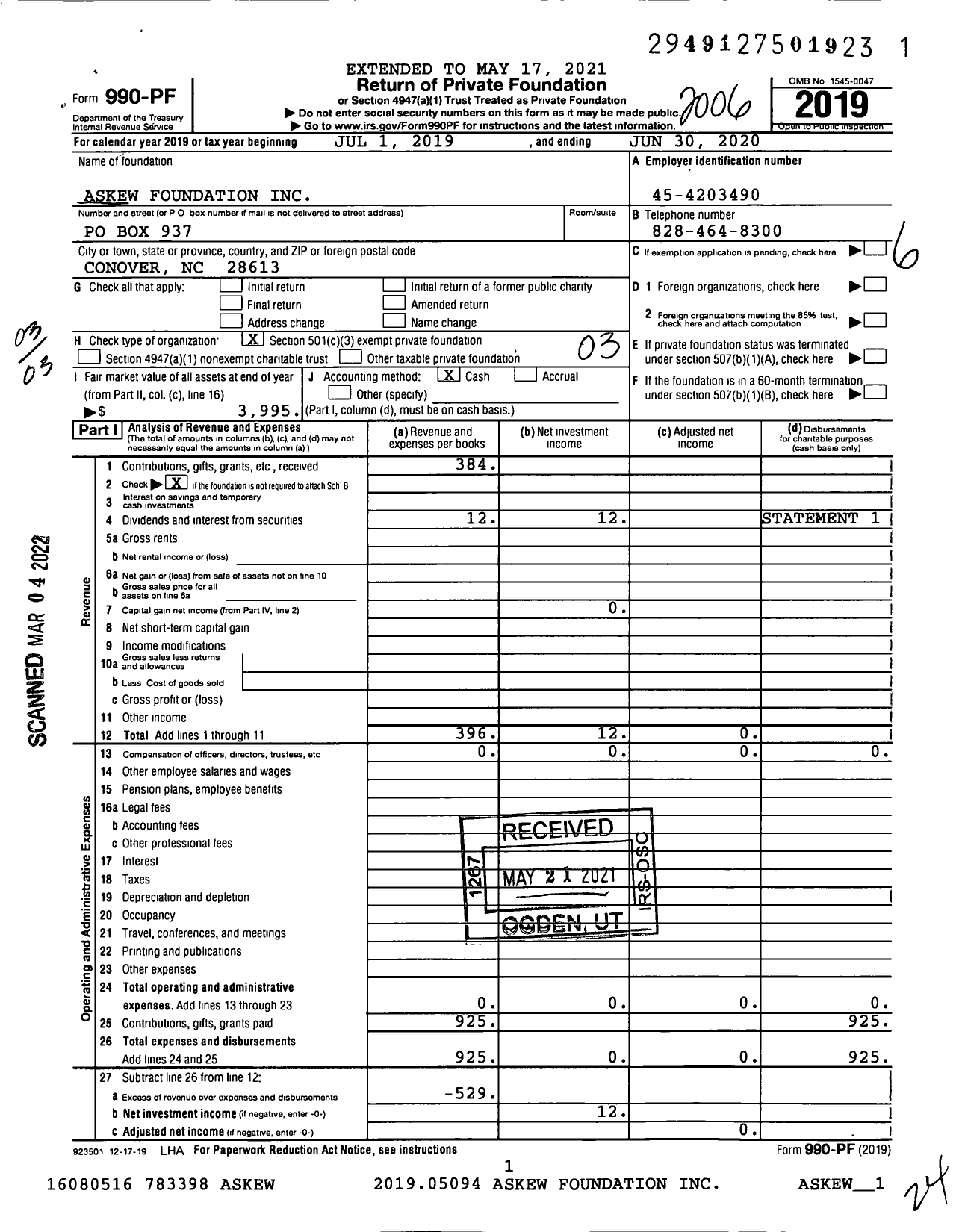 Image of first page of 2019 Form 990PF for Askew Foundation