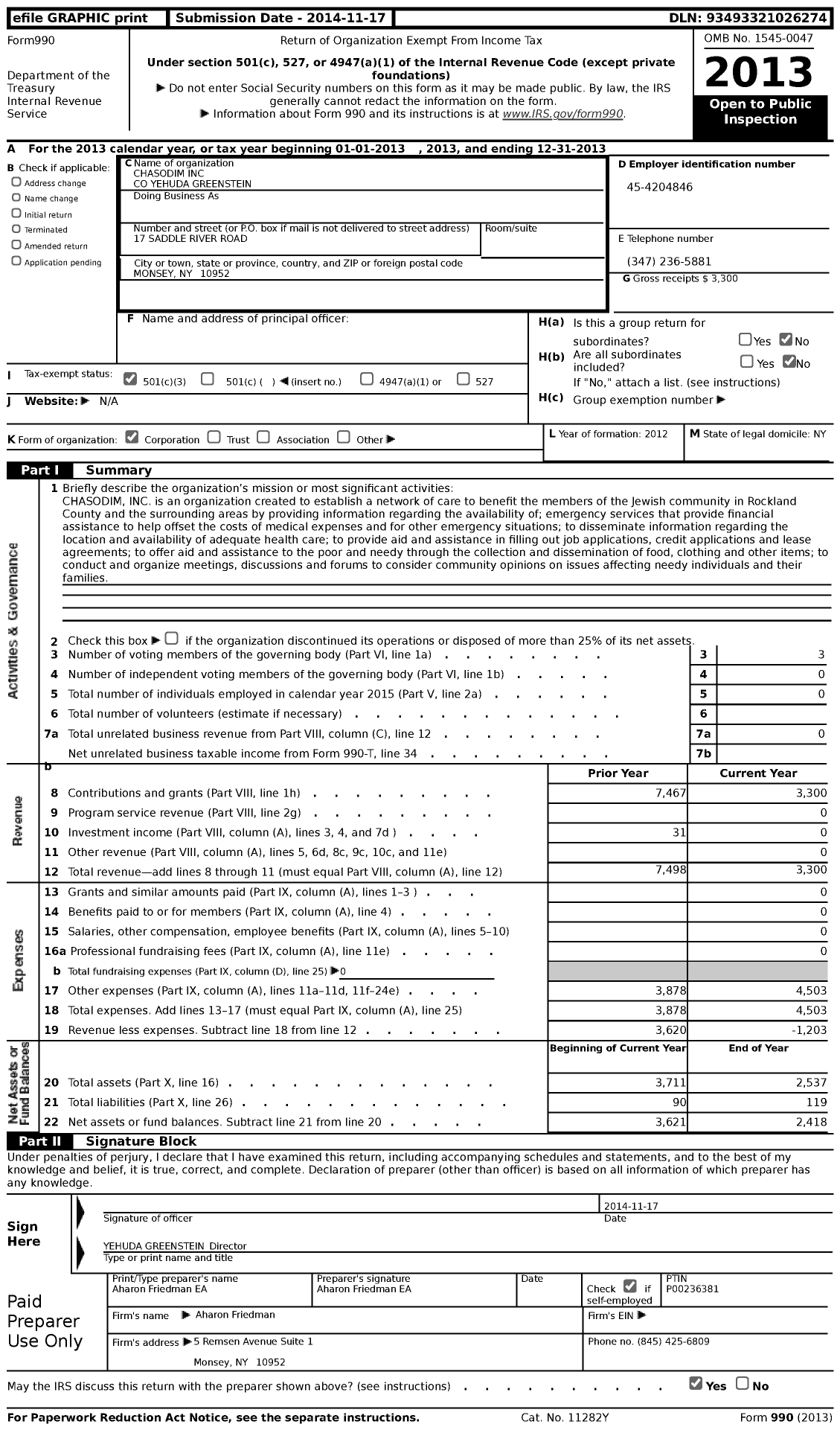 Image of first page of 2013 Form 990 for Chasodim