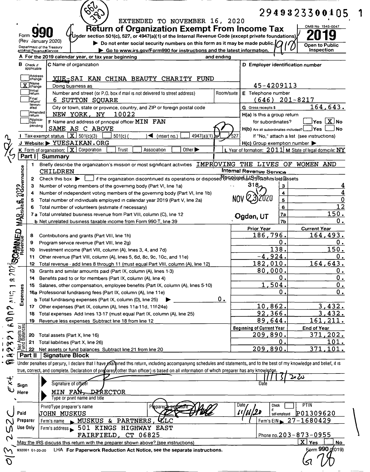 Image of first page of 2019 Form 990 for Yue-Sai Kan One World Foundation