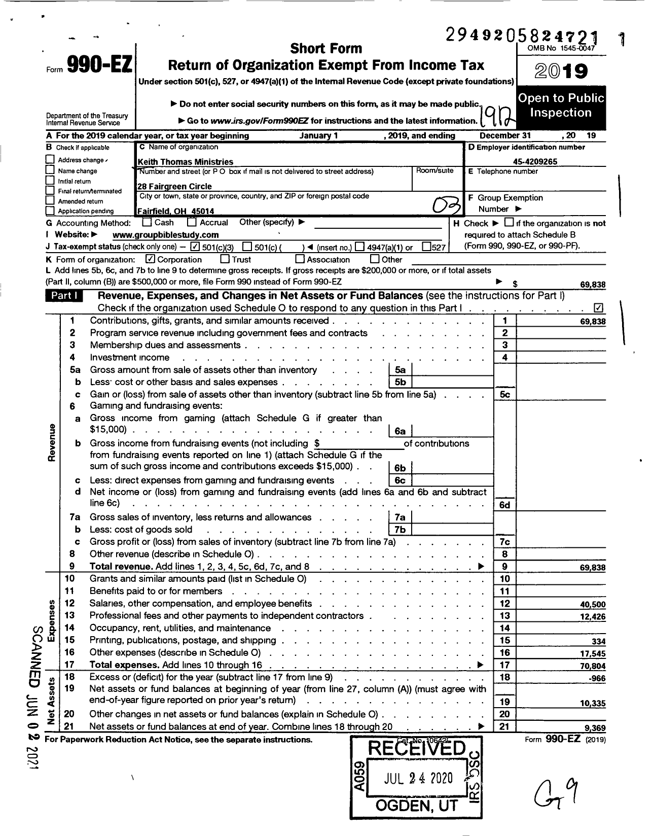 Image of first page of 2019 Form 990EZ for Keith Thomas Ministries