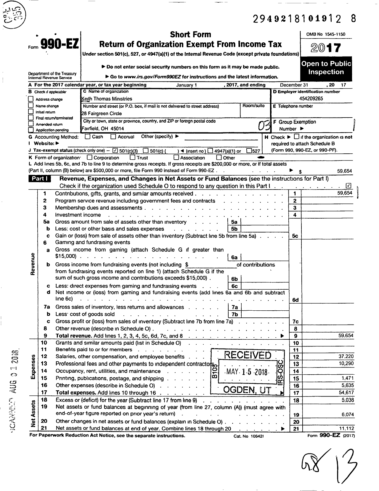 Image of first page of 2017 Form 990EZ for Keith Thomas Ministries