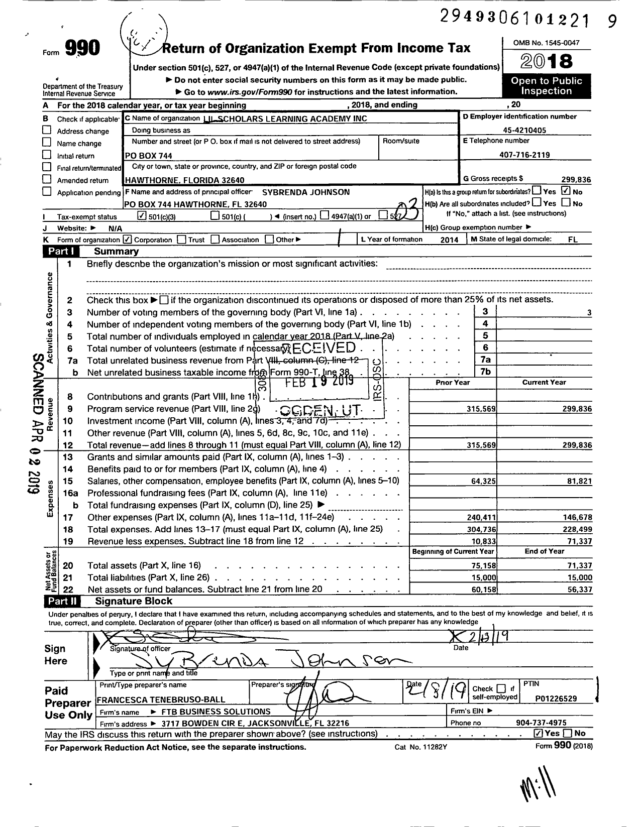 Image of first page of 2018 Form 990 for Lil Scholars Learning Academy