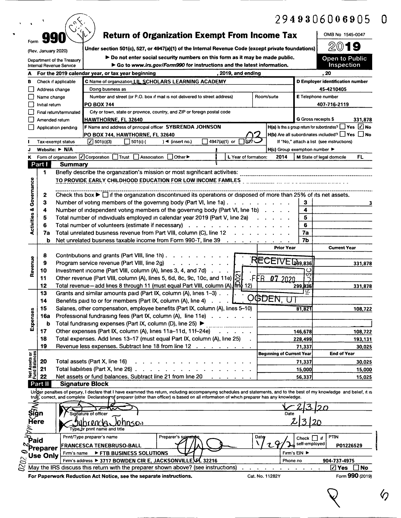 Image of first page of 2019 Form 990 for Lil Scholars Learning Academy