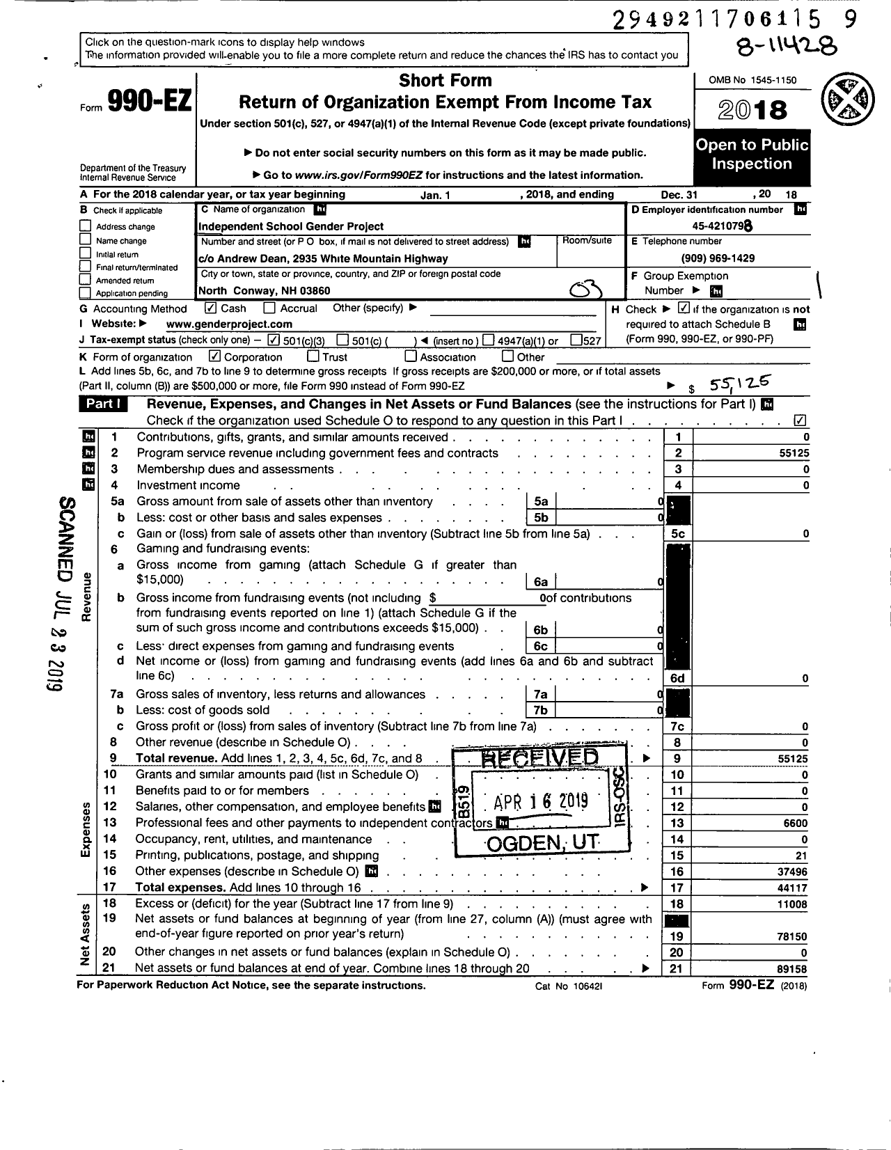 Image of first page of 2018 Form 990EZ for Independent School Gender Project (ISGP)