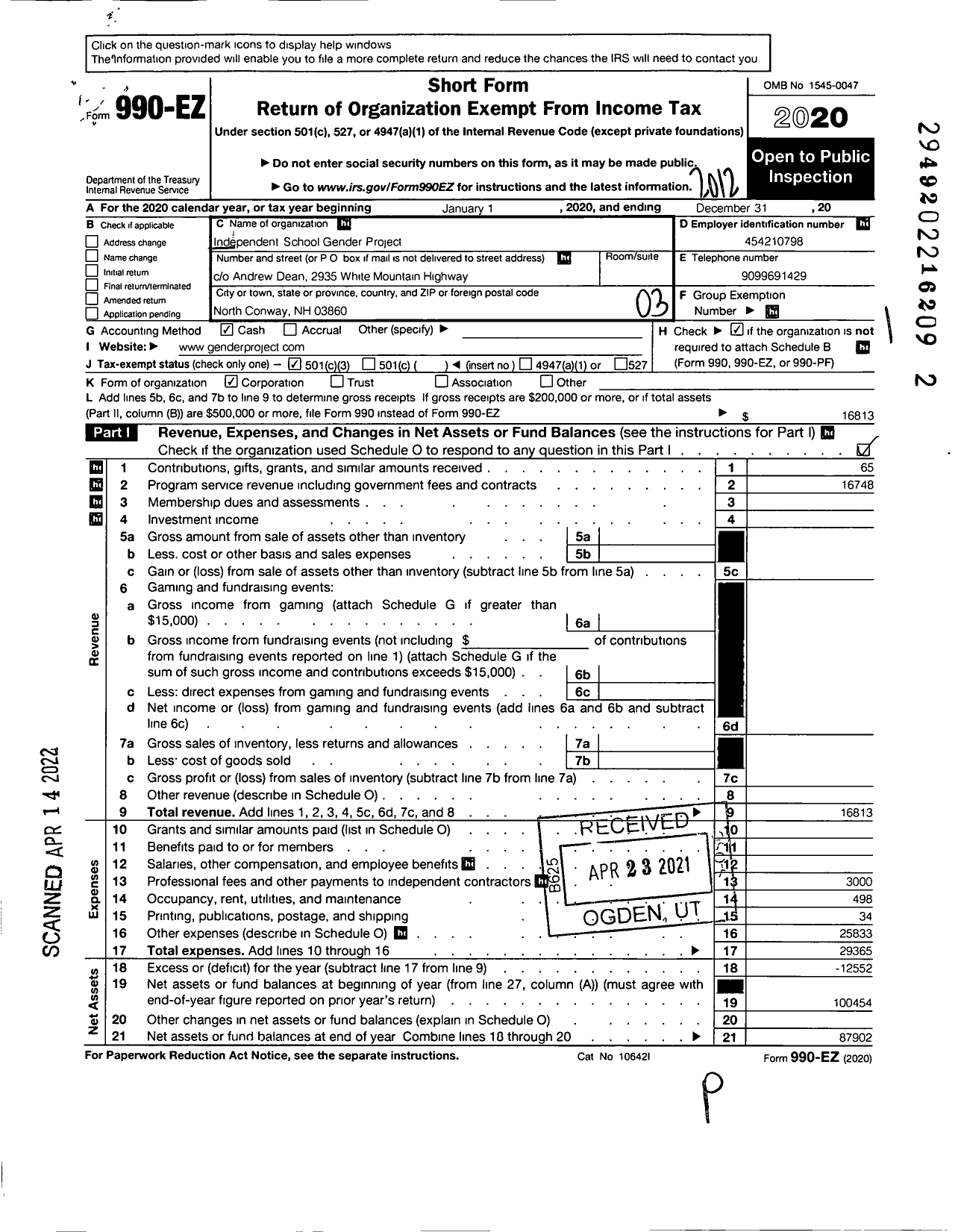 Image of first page of 2020 Form 990EZ for Independent School Gender Project (ISGP)