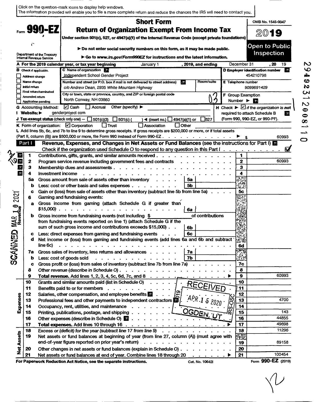 Image of first page of 2019 Form 990EZ for Independent School Gender Project (ISGP)