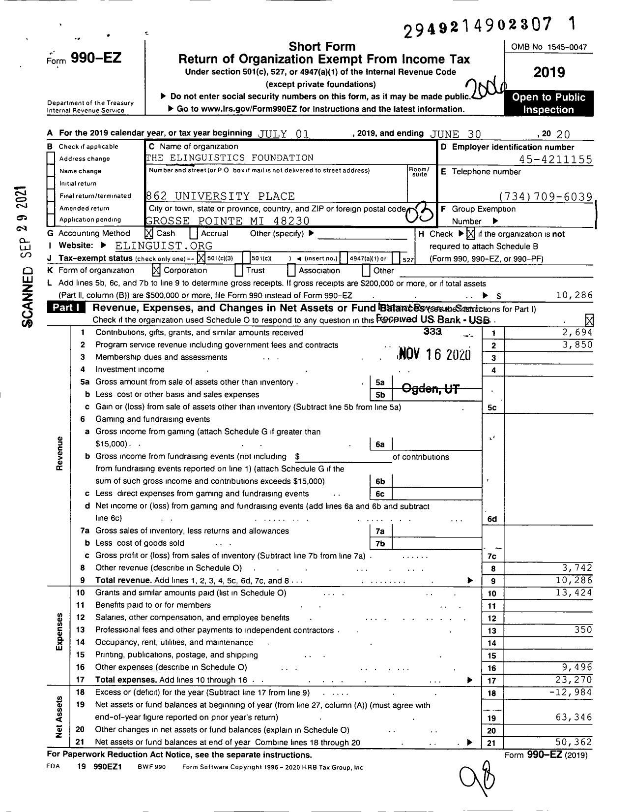 Image of first page of 2019 Form 990EZ for The ELinguistics Foundation