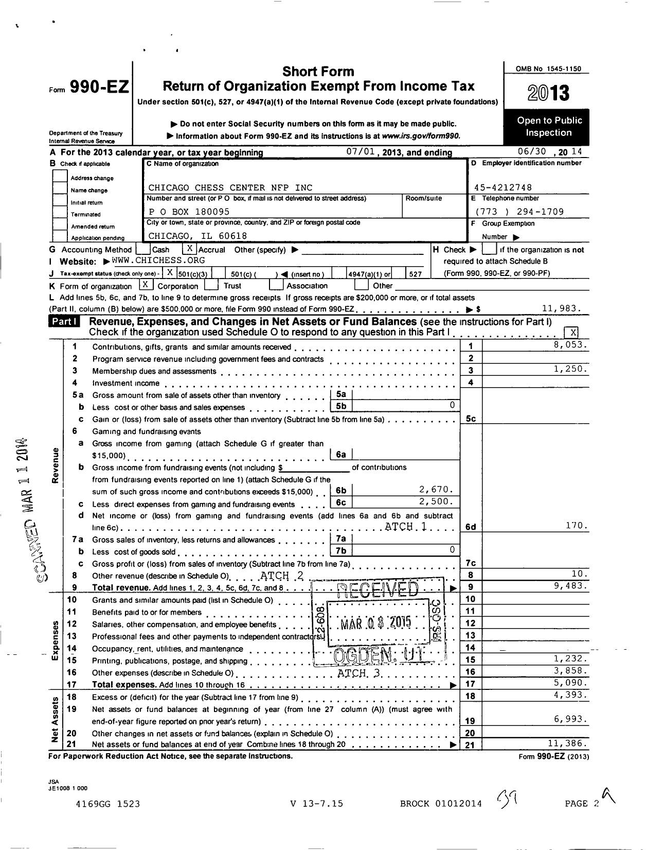 Image of first page of 2013 Form 990EZ for Chicago Chess Center NFP