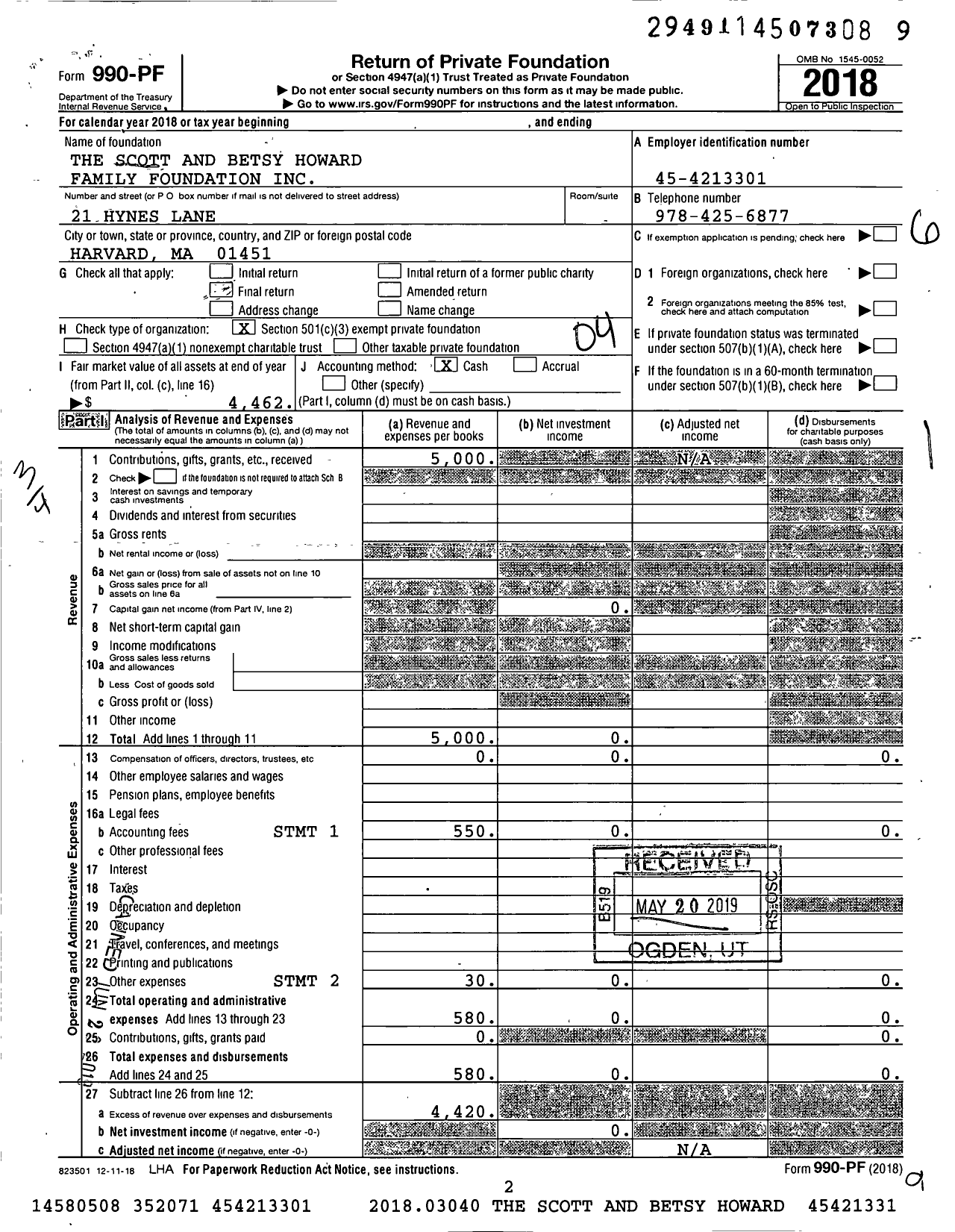 Image of first page of 2018 Form 990PF for The Scott and Betsy Howard Family Foundation