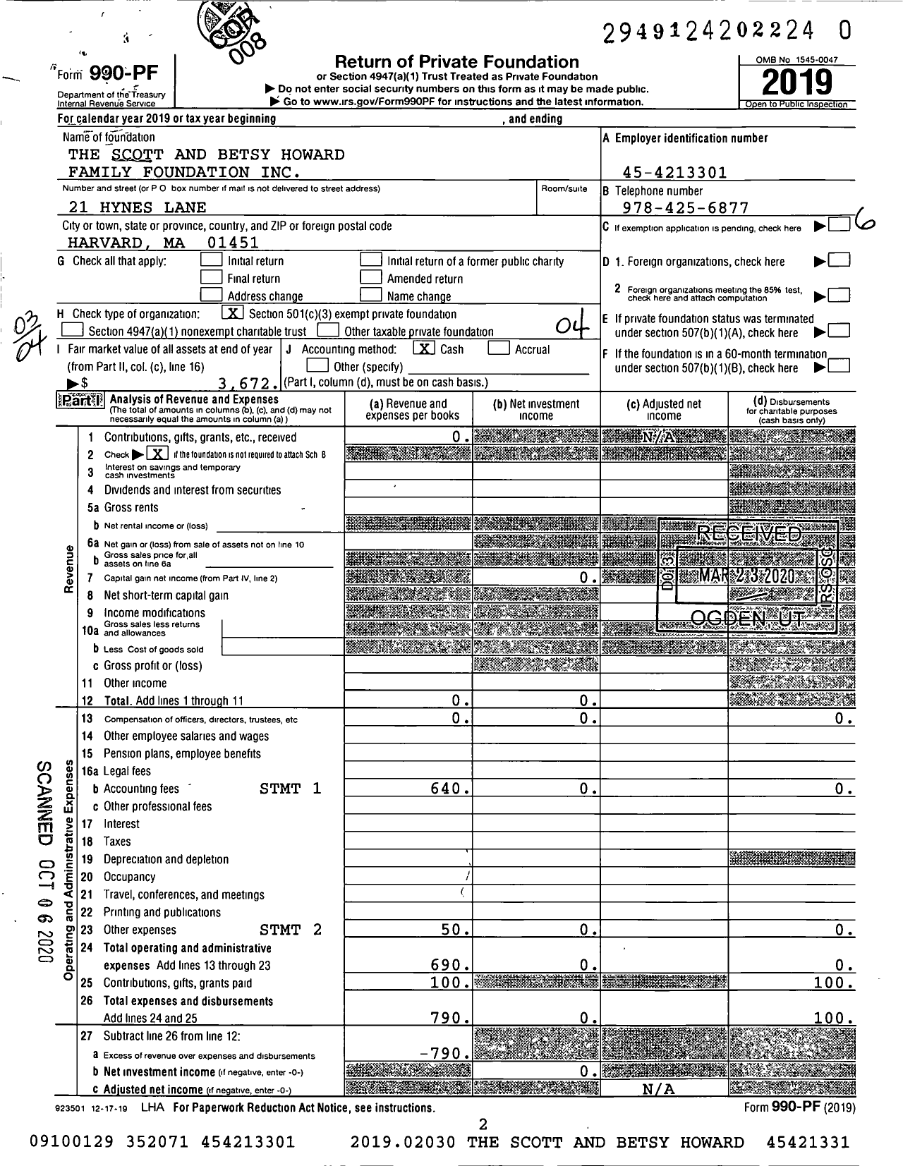 Image of first page of 2019 Form 990PR for The Scott and Betsy Howard Family Foundation