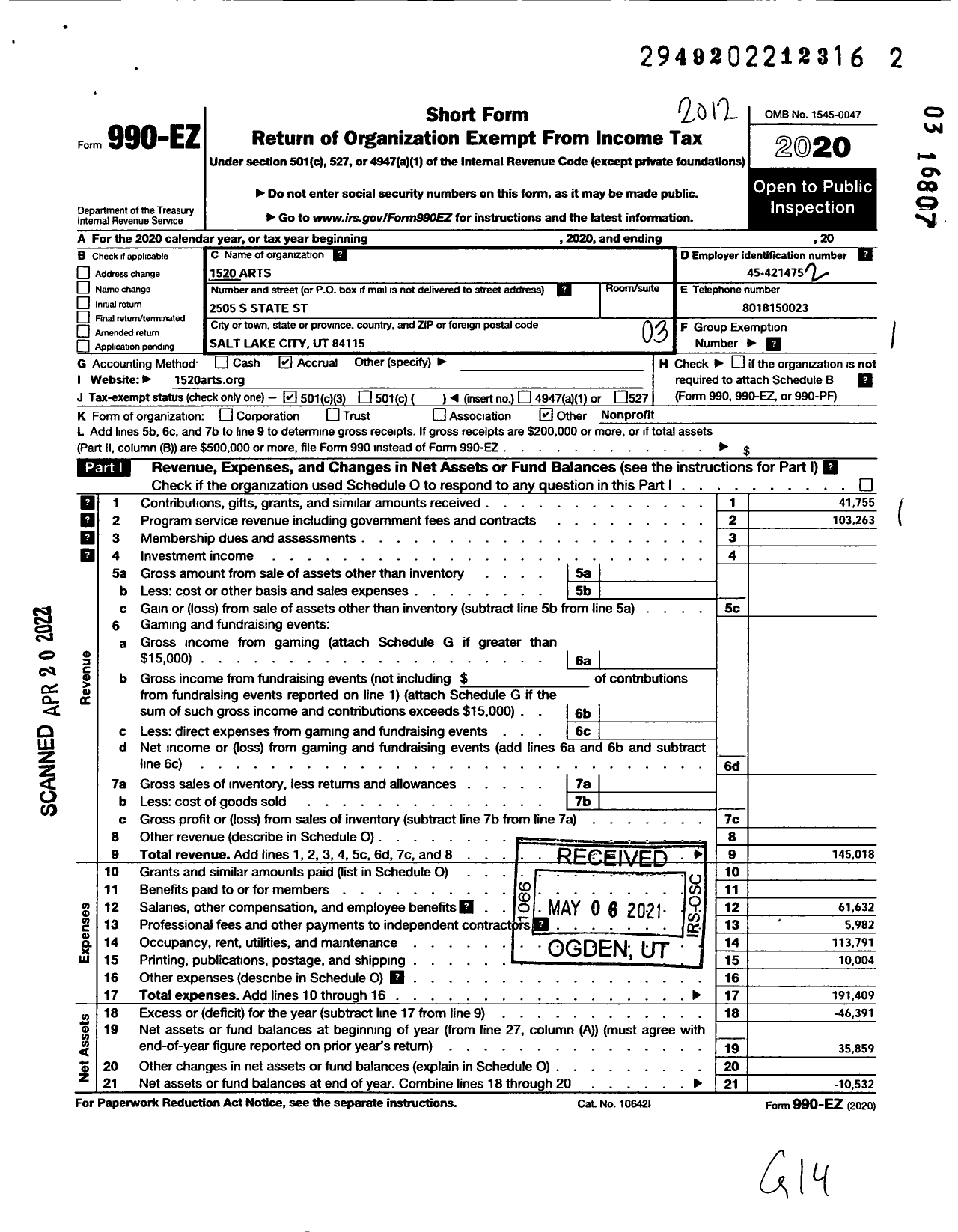 Image of first page of 2020 Form 990EZ for 1520 Arts