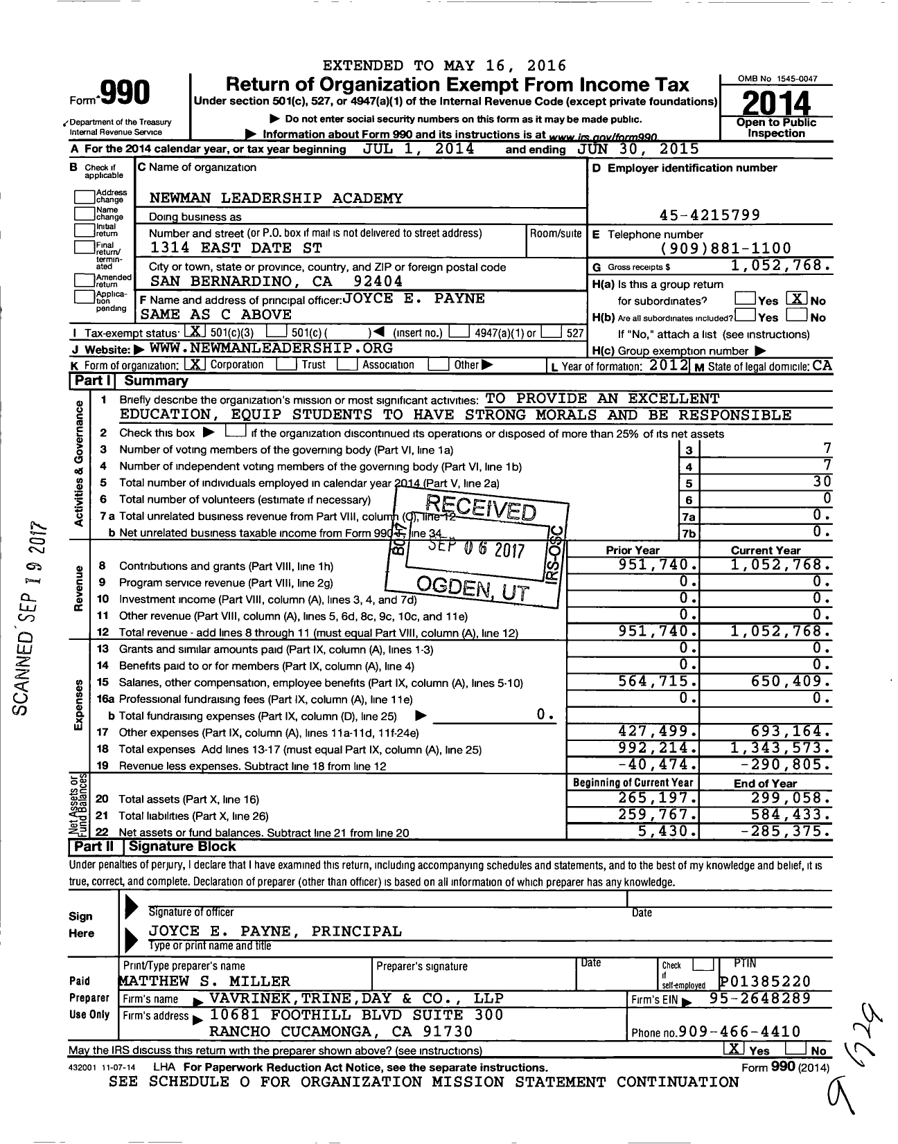 Image of first page of 2014 Form 990 for Newman Leadership Academy