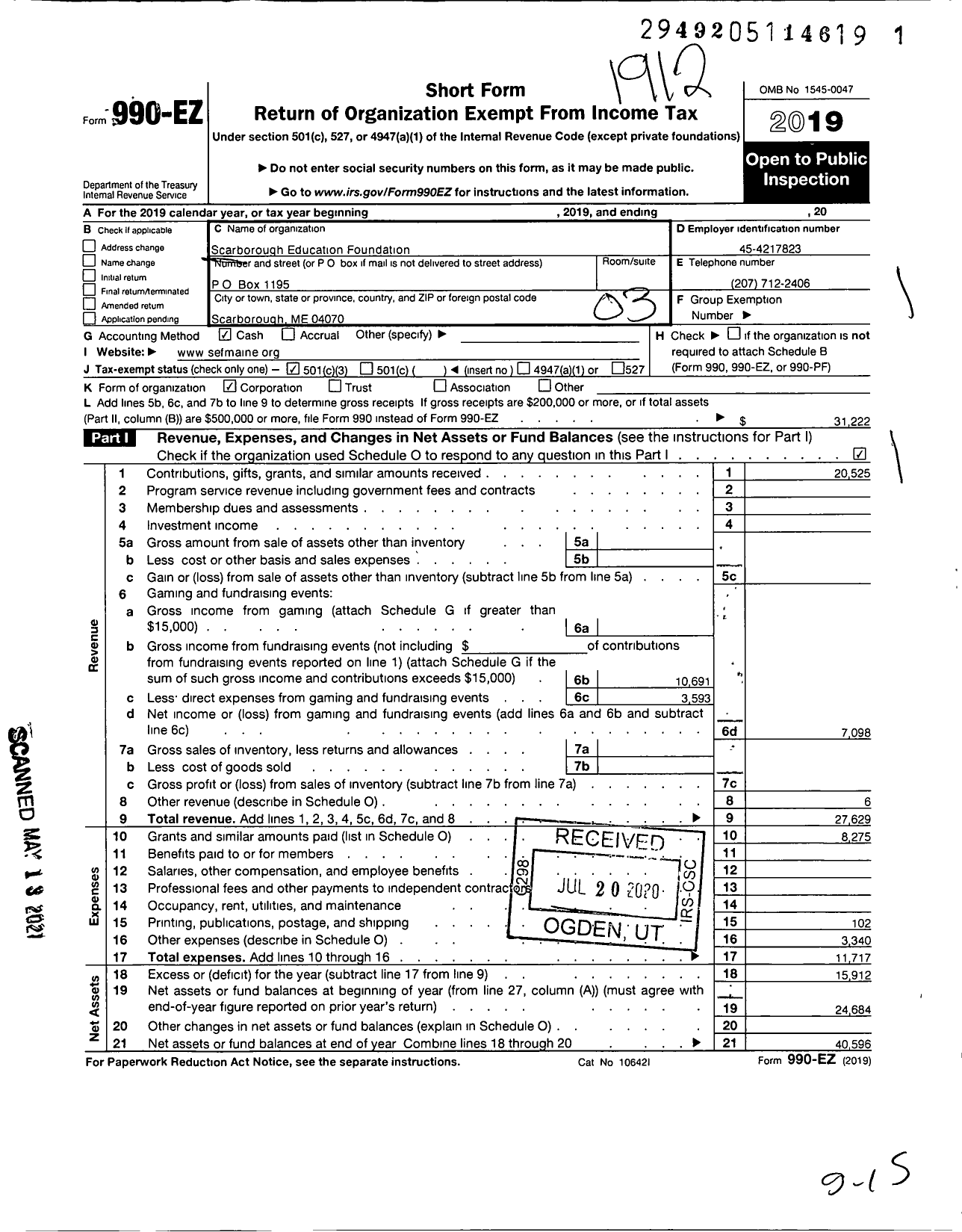 Image of first page of 2019 Form 990EZ for Scarborough Education Foundation