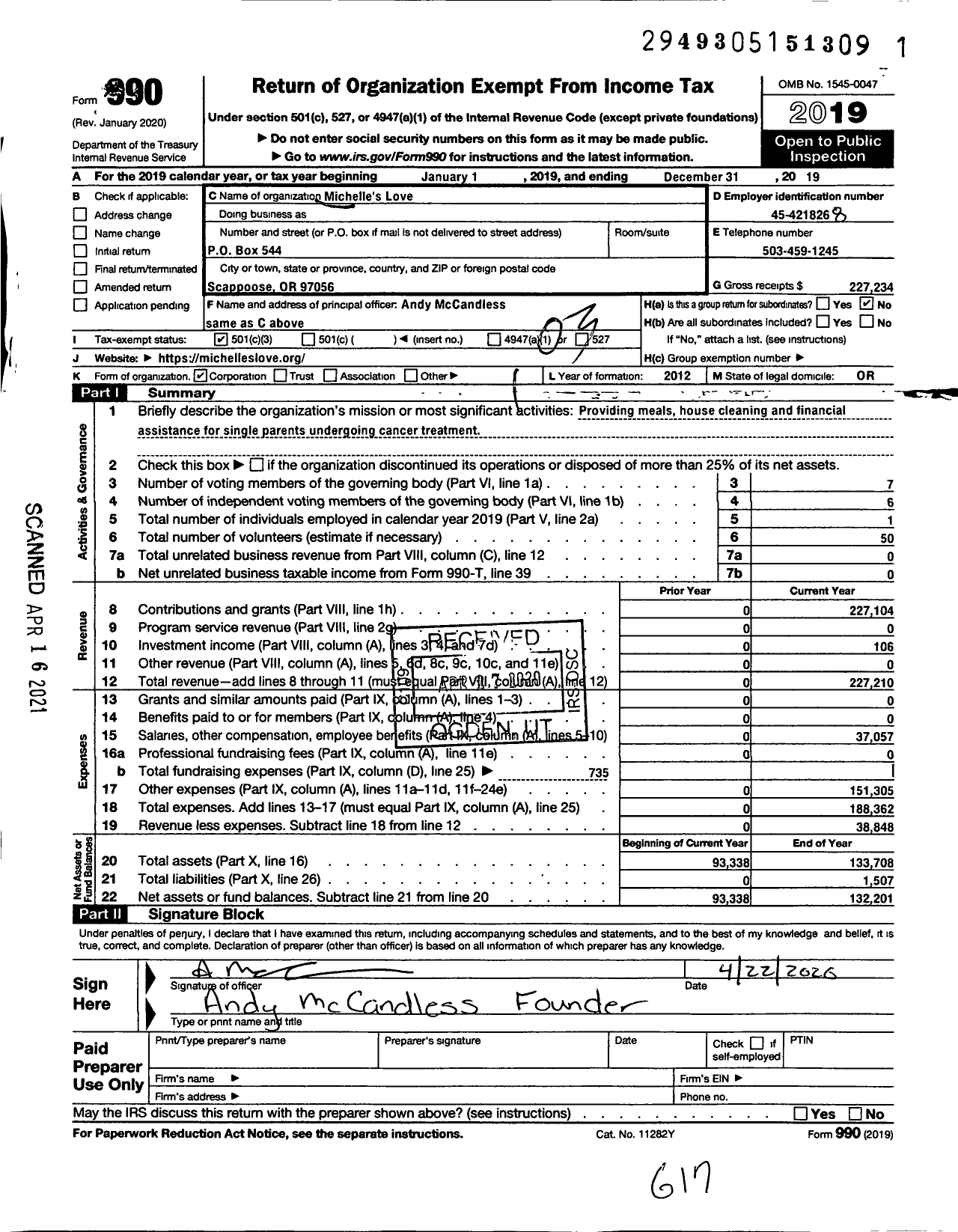 Image of first page of 2019 Form 990 for Michelles Love