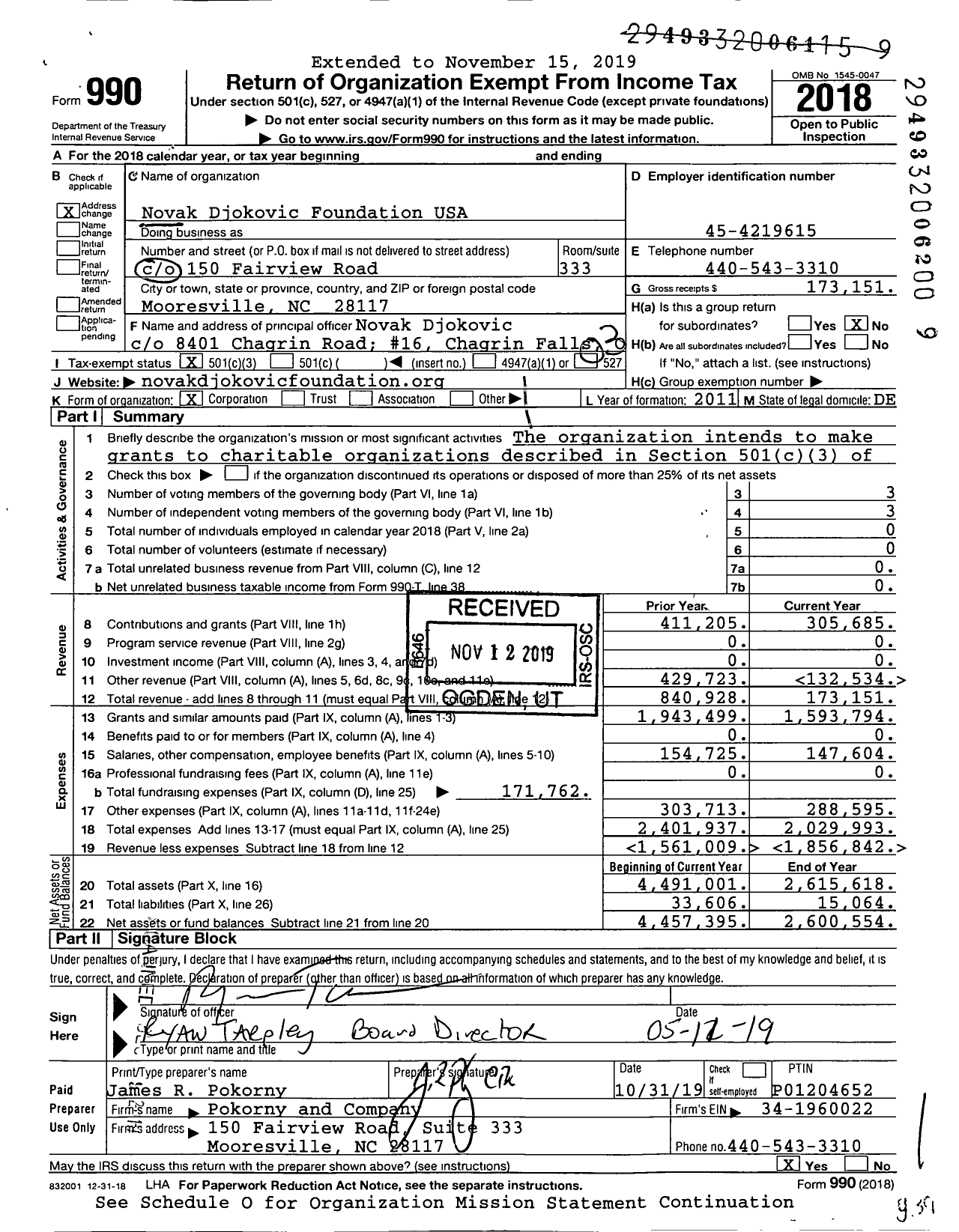 Image of first page of 2018 Form 990 for Novak Djokovic Foundation USA