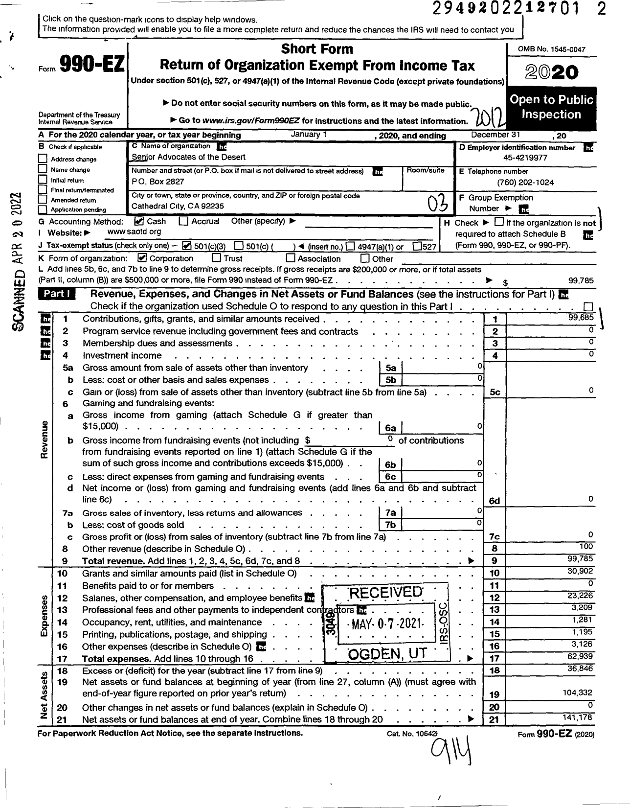 Image of first page of 2020 Form 990EZ for Senior Advocates of the Desert