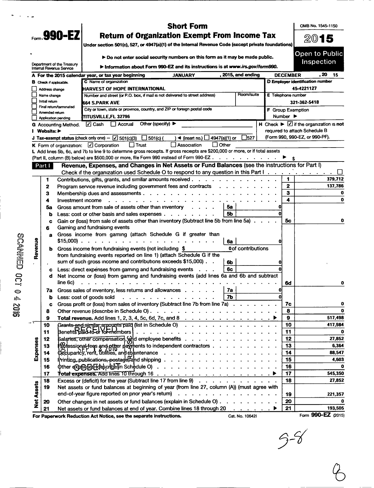 Image of first page of 2015 Form 990EZ for Harvest of Hope International