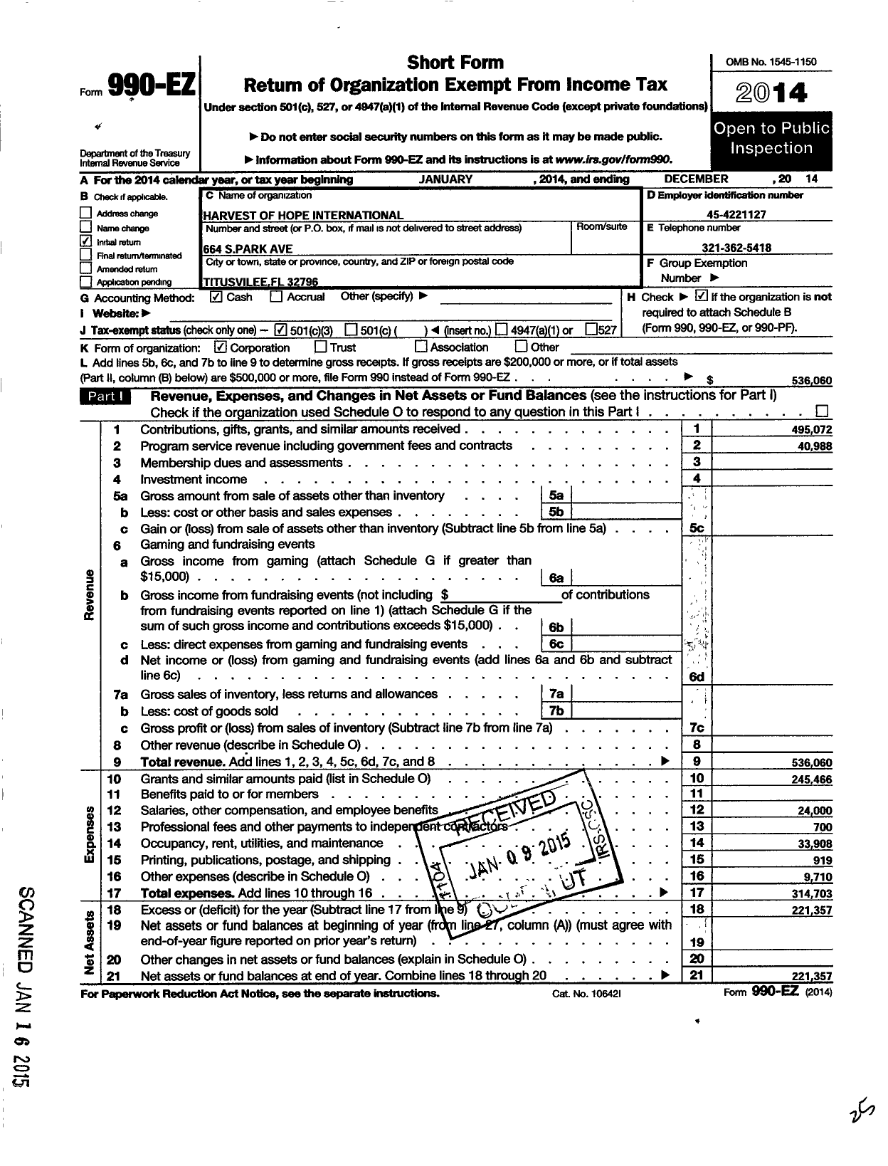 Image of first page of 2014 Form 990EZ for Harvest of Hope International