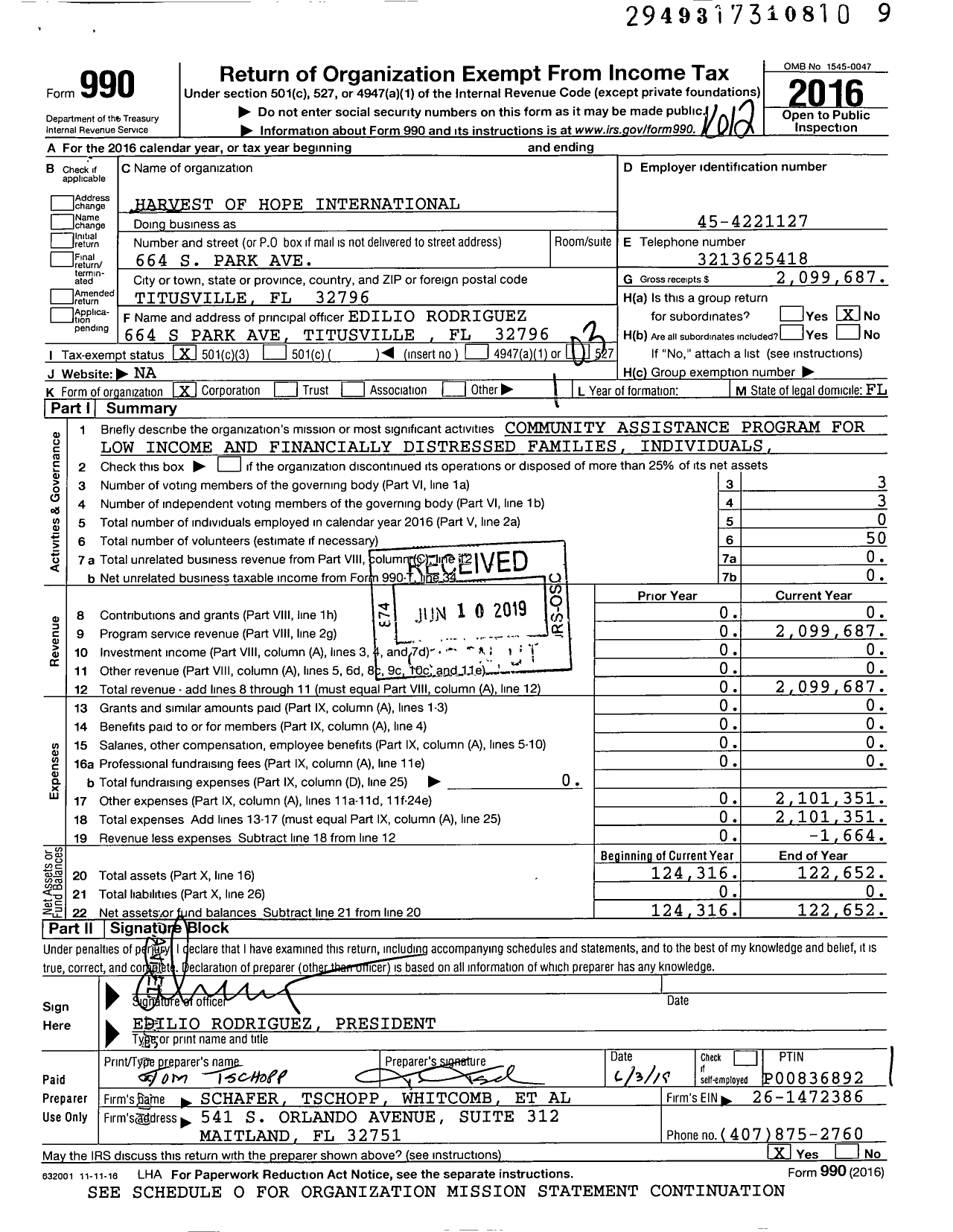 Image of first page of 2016 Form 990 for Harvest of Hope International