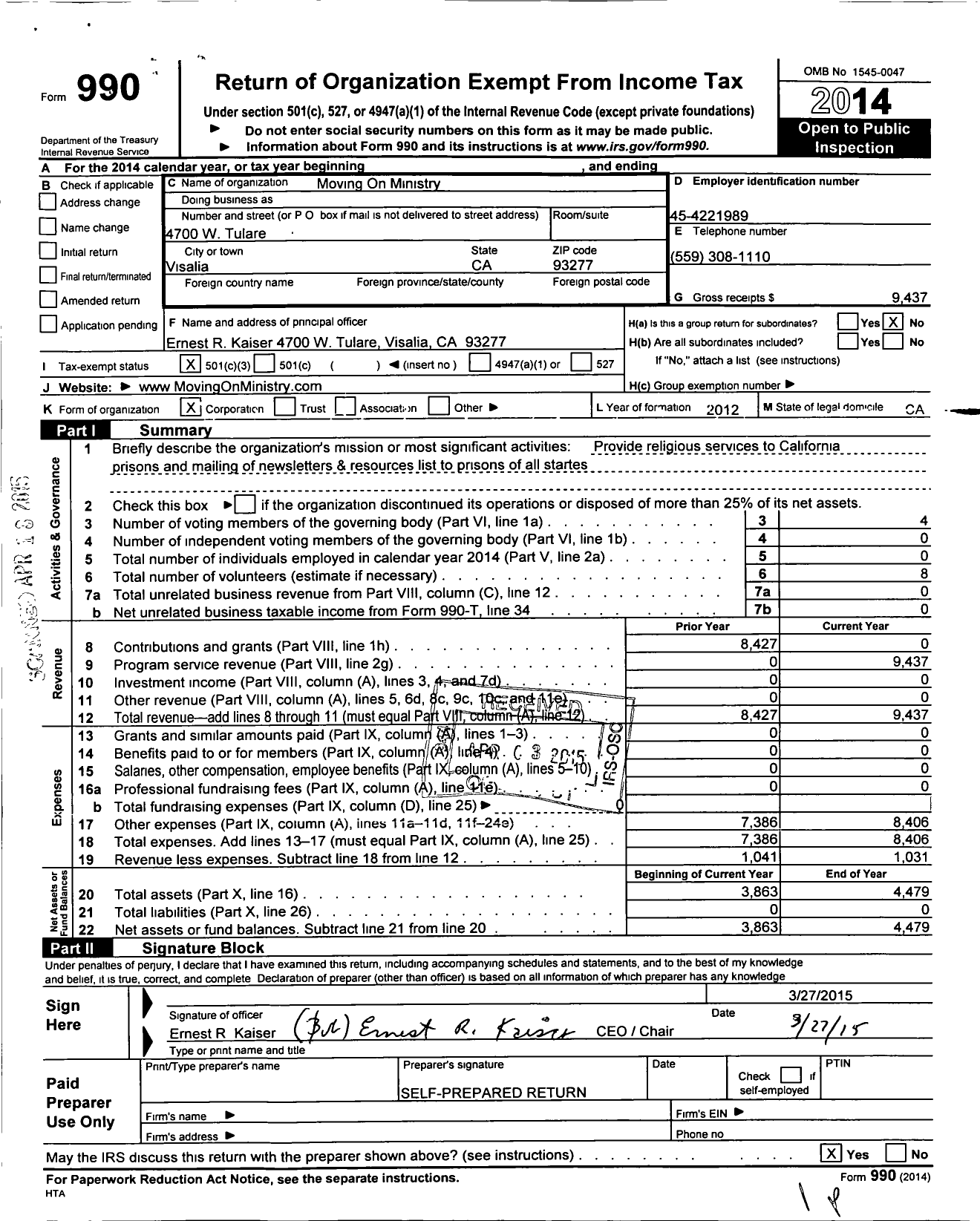 Image of first page of 2014 Form 990 for Moving on Ministry