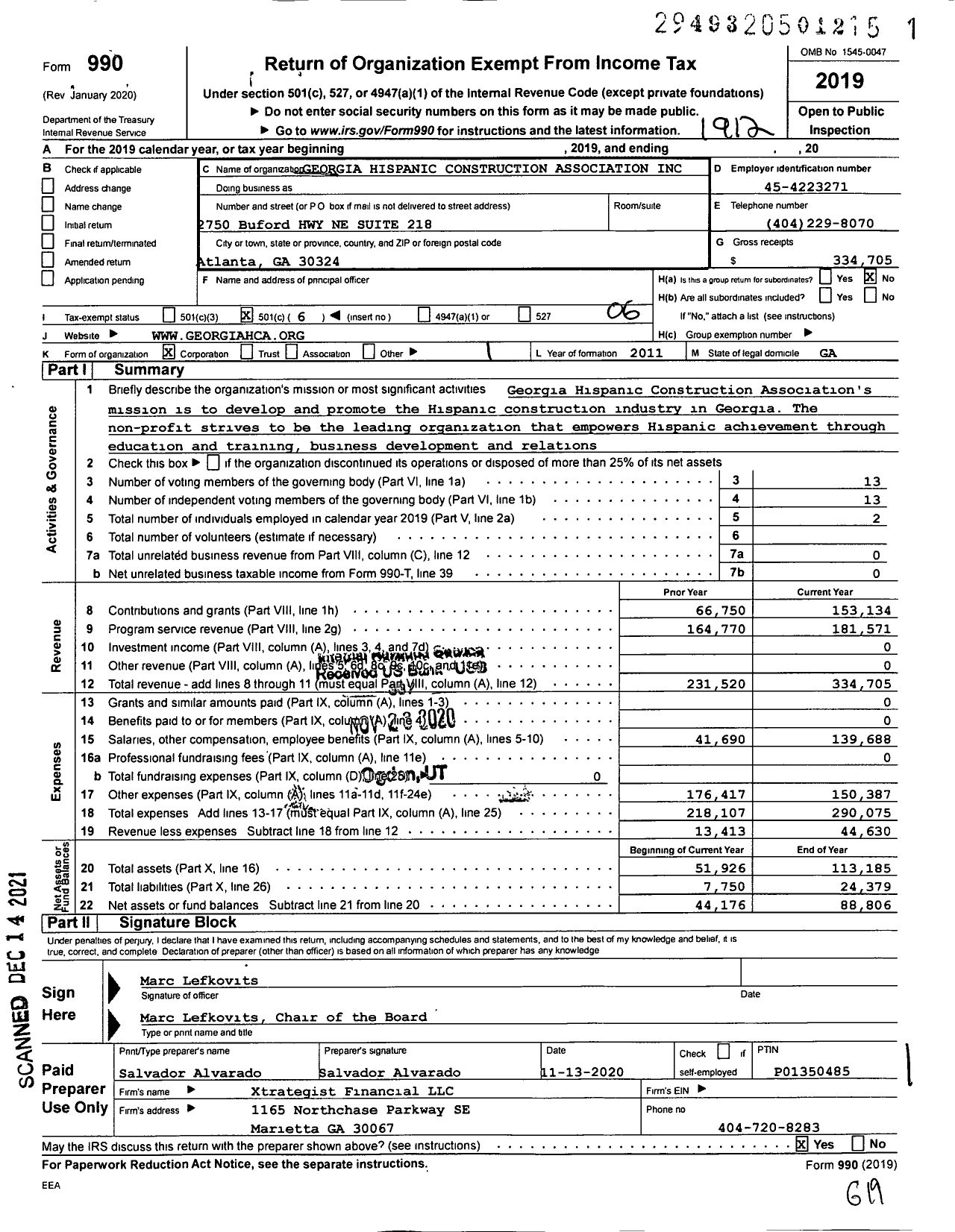 Image of first page of 2019 Form 990O for Georgia Hispanic Construction Association