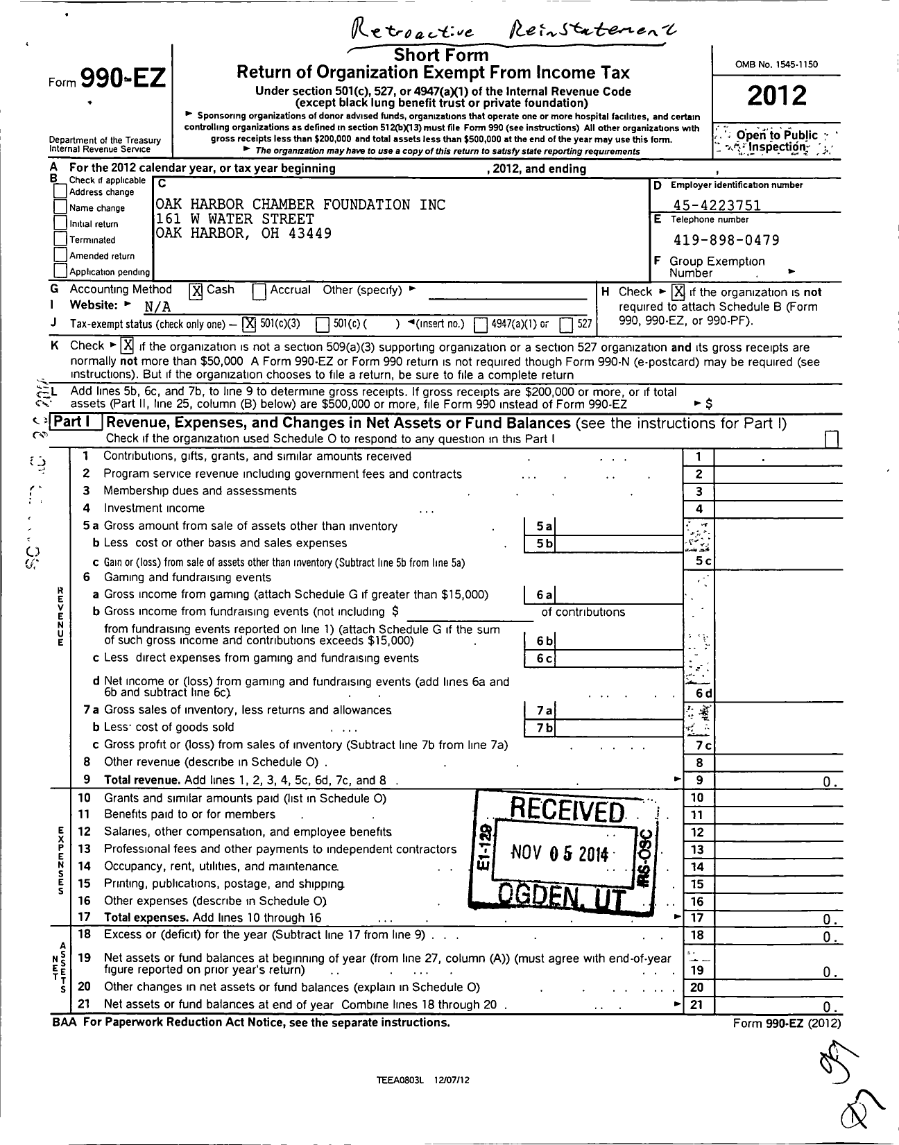 Image of first page of 2012 Form 990EZ for Oak Harbor Chamber Foundation