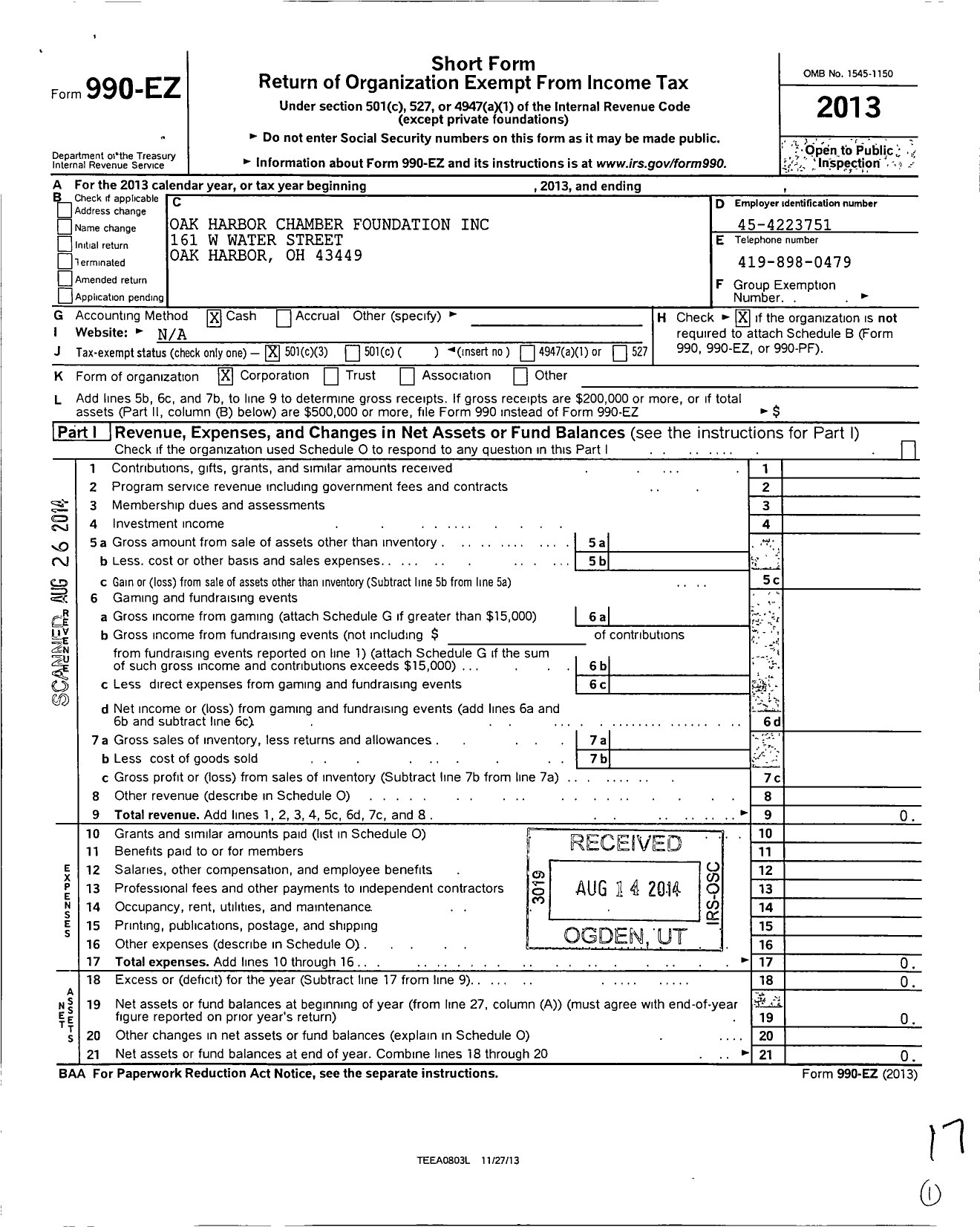 Image of first page of 2013 Form 990EZ for Oak Harbor Chamber Foundation