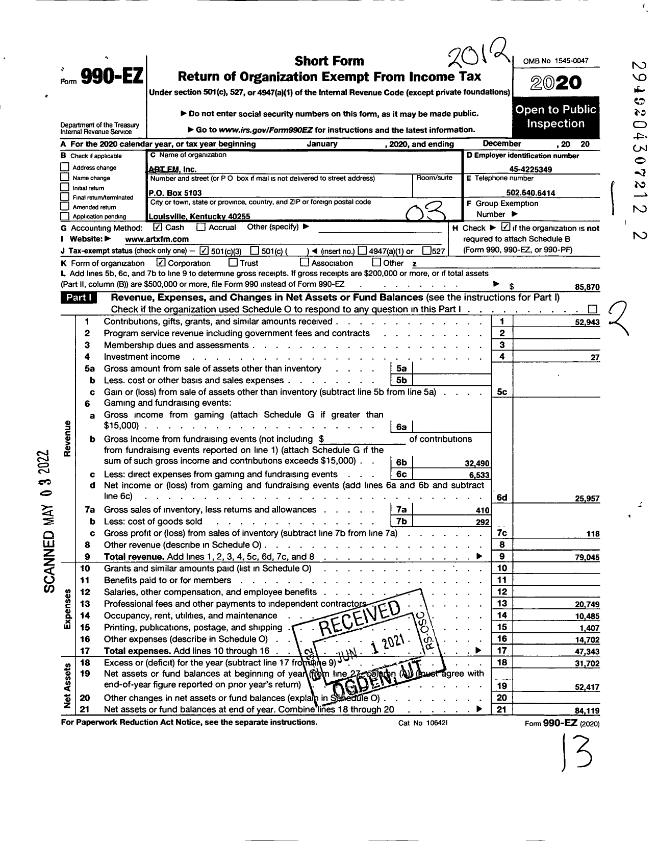 Image of first page of 2020 Form 990EZ for Art FM