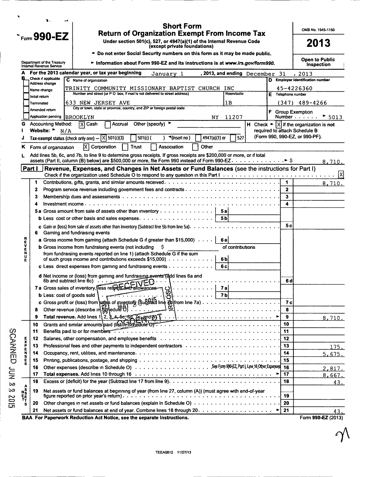 Image of first page of 2013 Form 990EZ for Trinity Community Missionary Baptist Church (TCMBC)