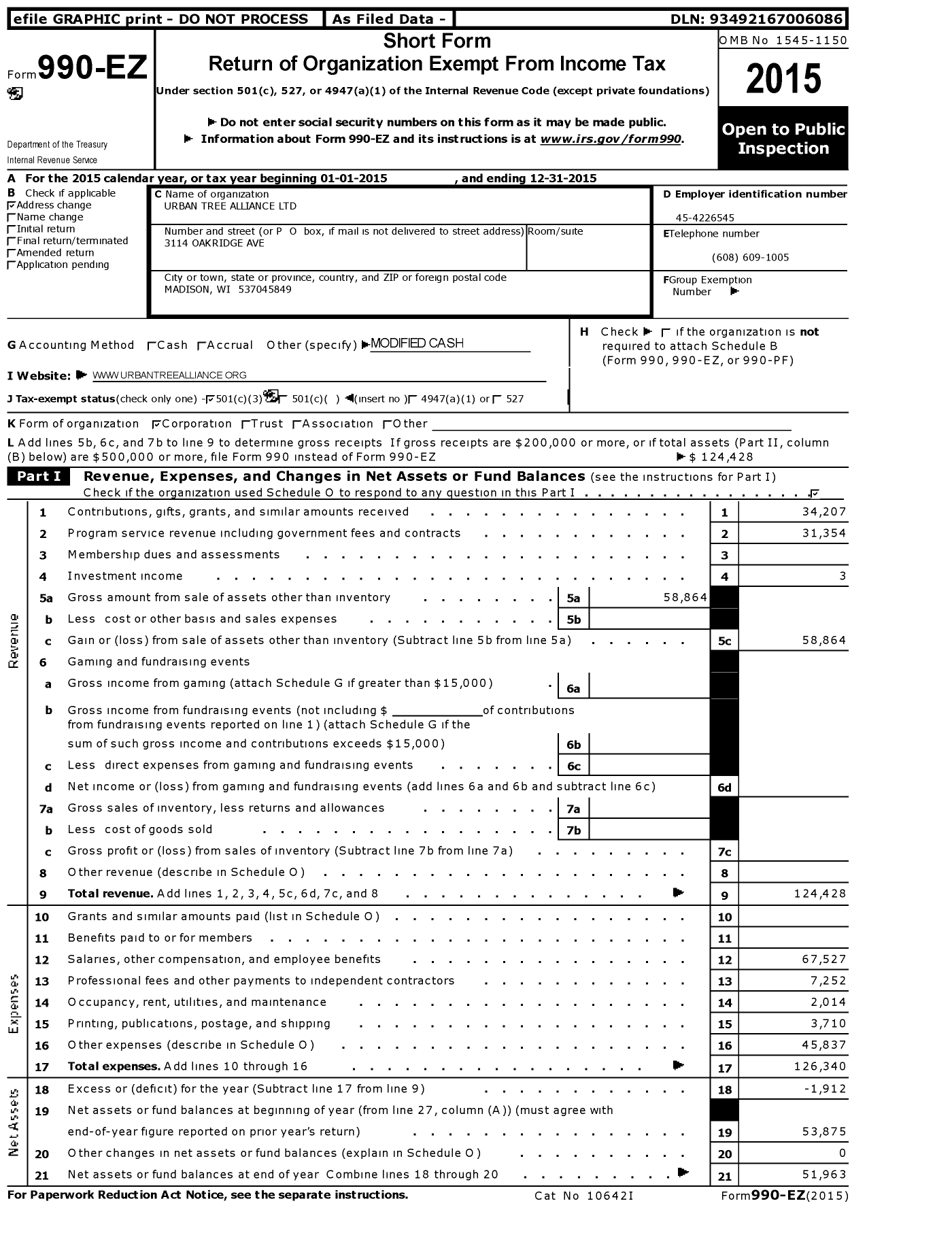 Image of first page of 2015 Form 990EZ for Urban Tree Alliance