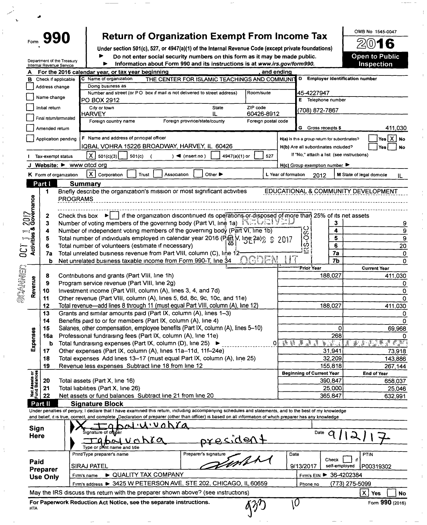 Image of first page of 2016 Form 990 for The Center for Islamic Teachings and Community Development