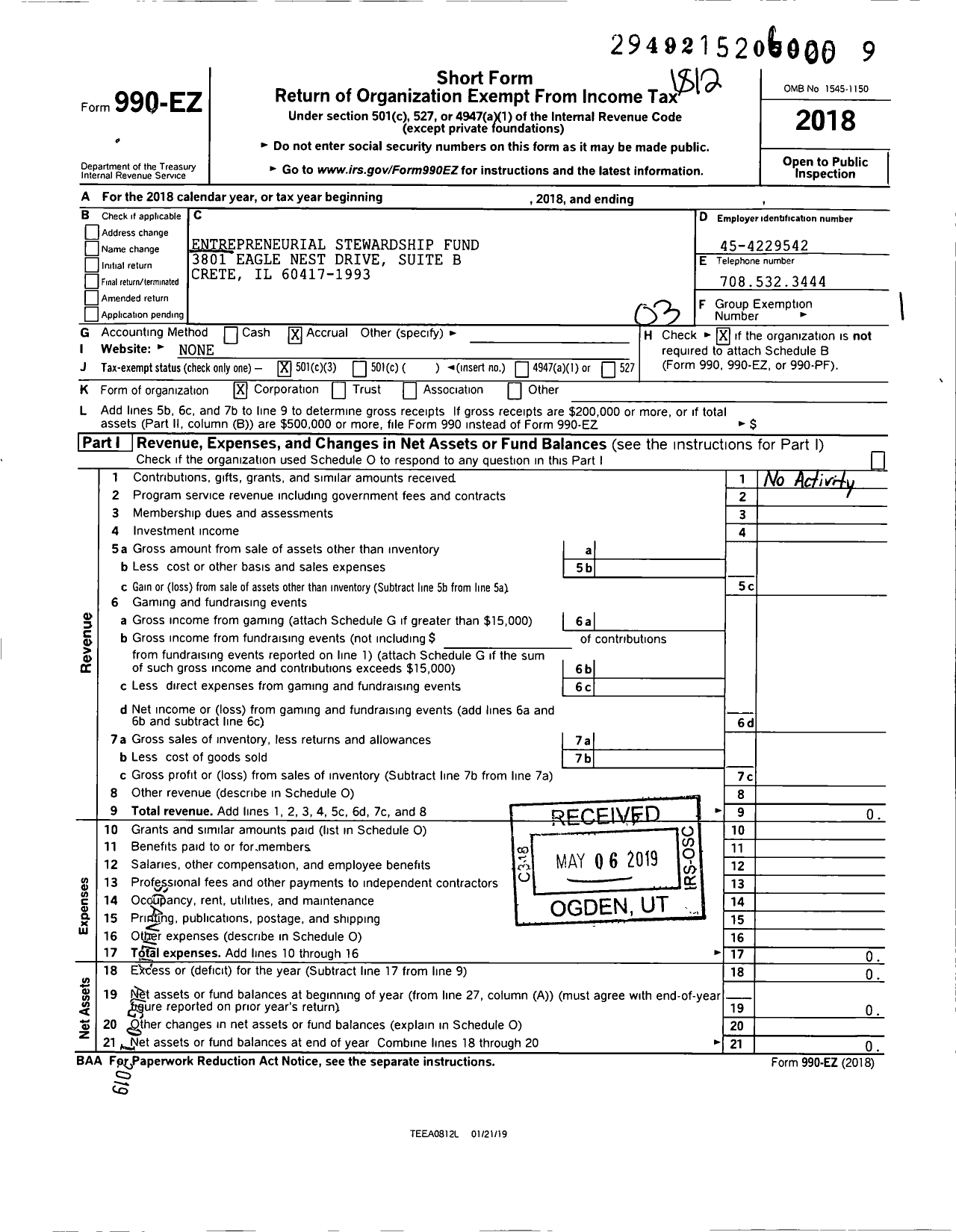 Image of first page of 2018 Form 990EZ for Entrepreneurial Stewardship Fund