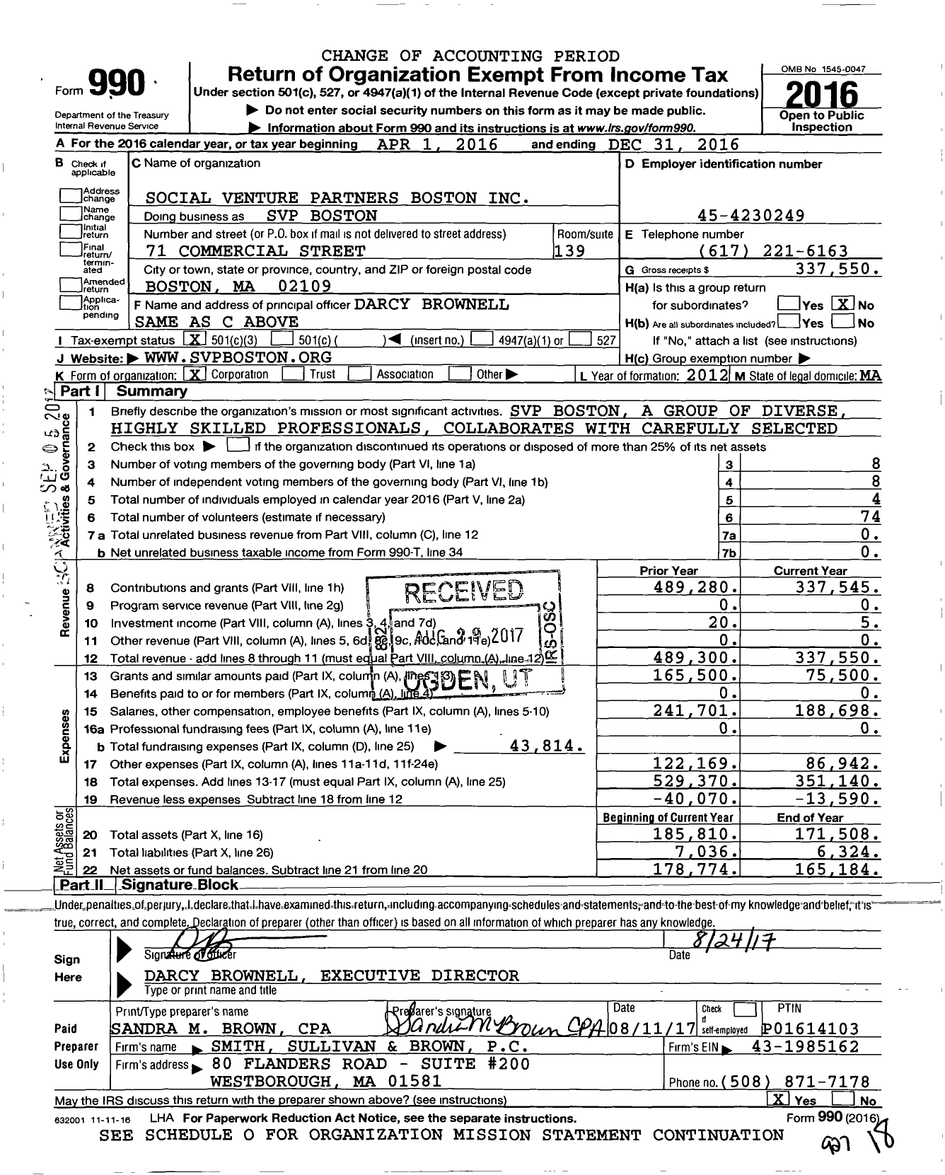 Image of first page of 2016 Form 990 for SVP Boston