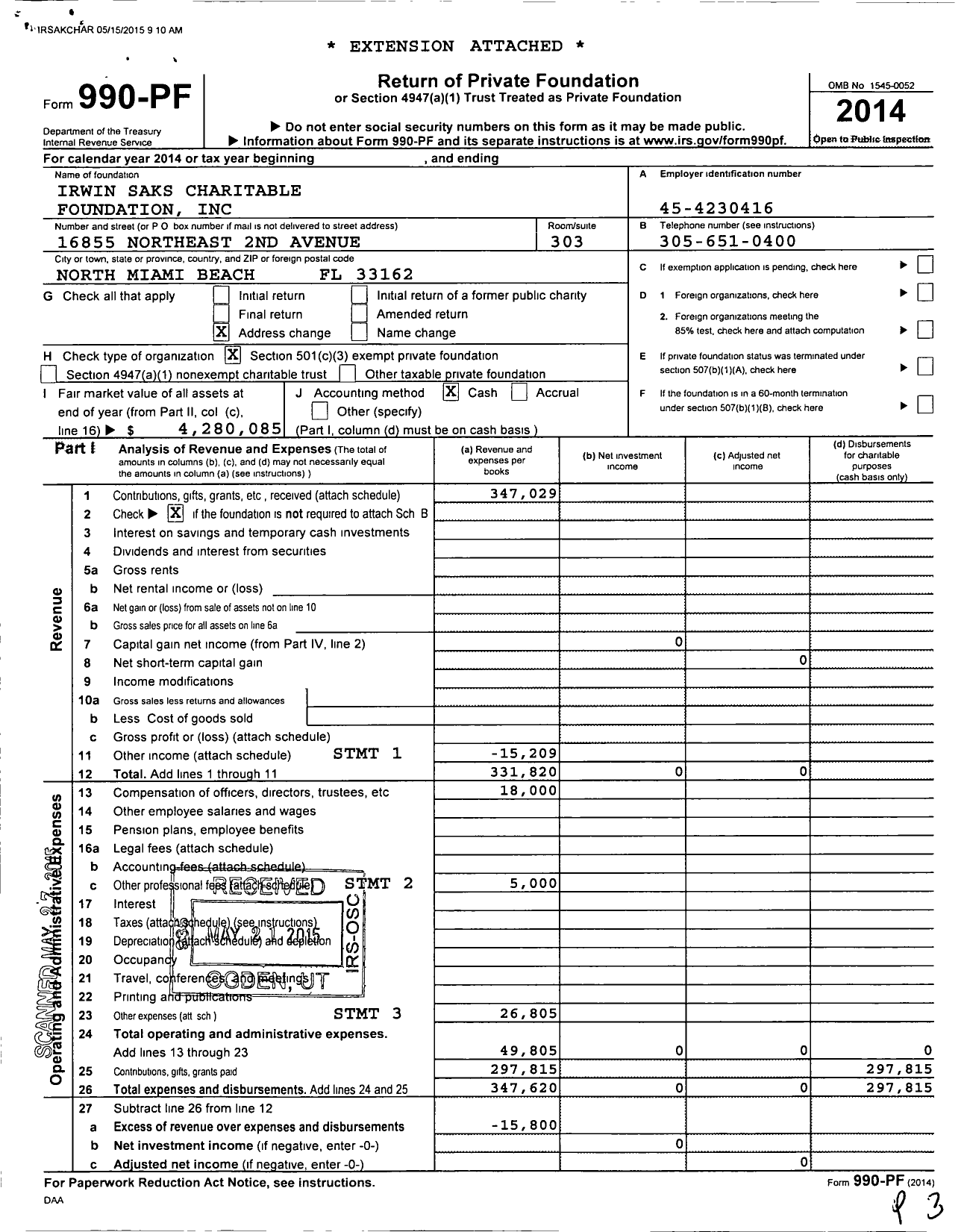 Image of first page of 2014 Form 990PF for Irwin Saks Charitable Foundation