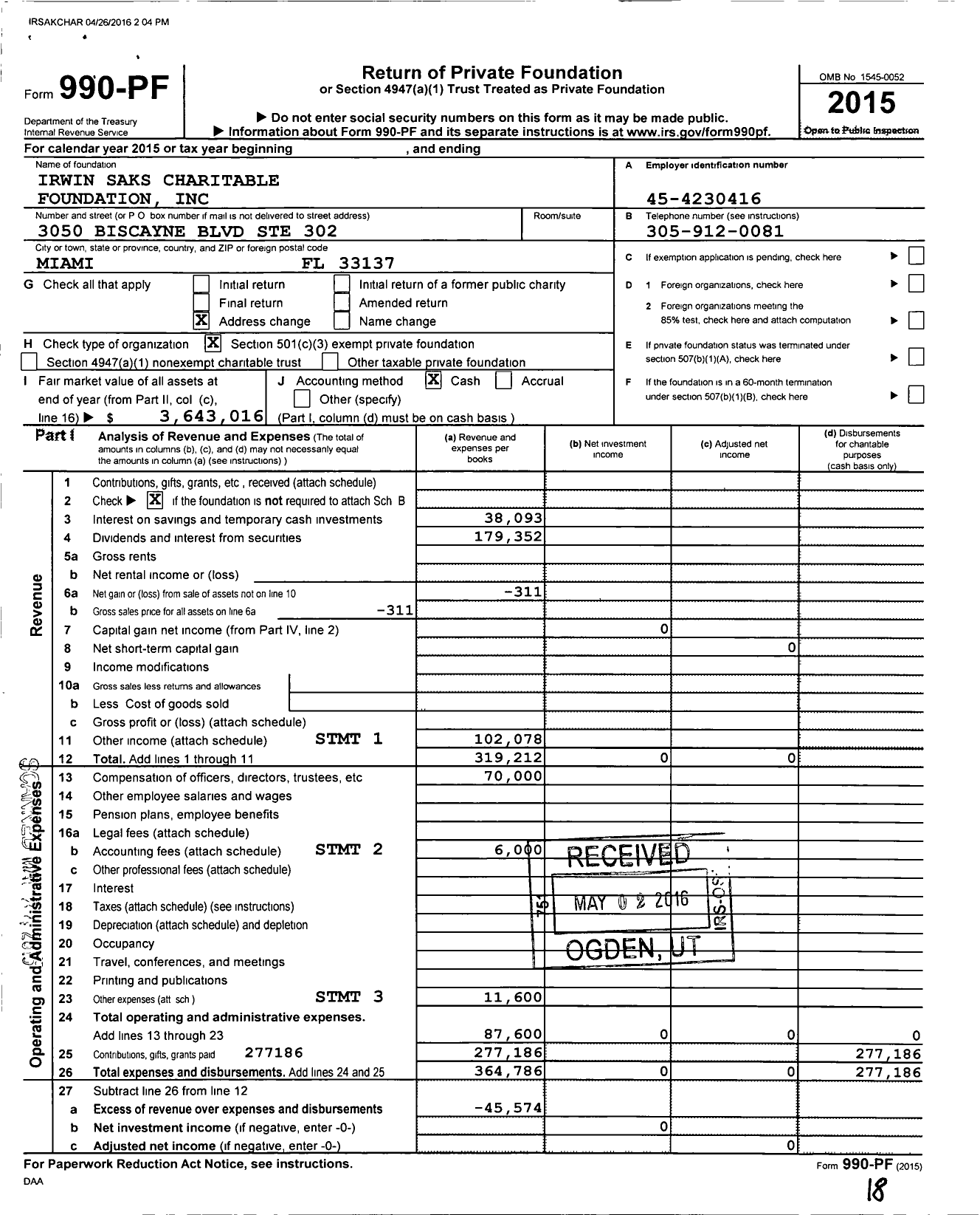 Image of first page of 2015 Form 990PF for Irwin Saks Charitable Foundation