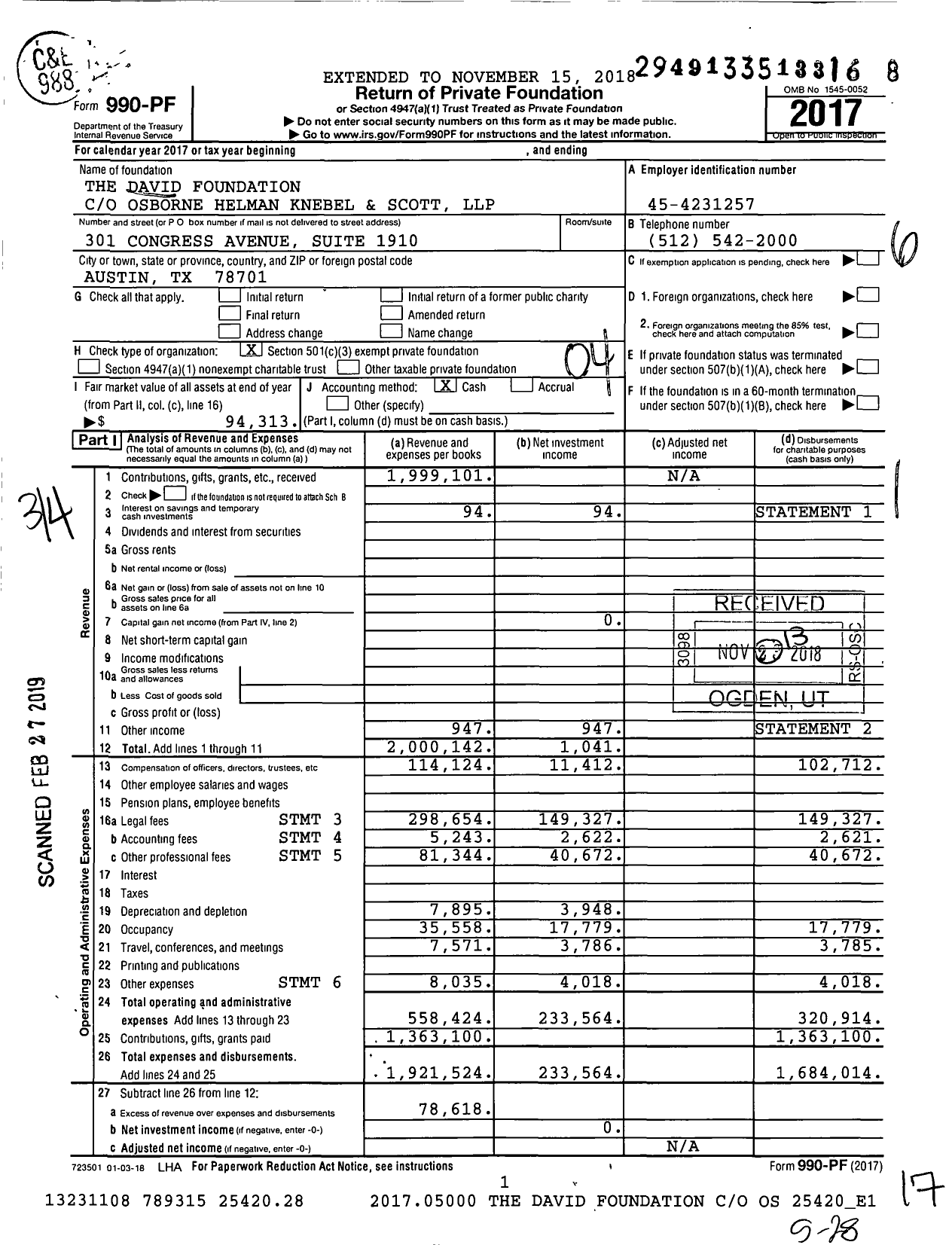 Image of first page of 2017 Form 990PF for The David Foundation