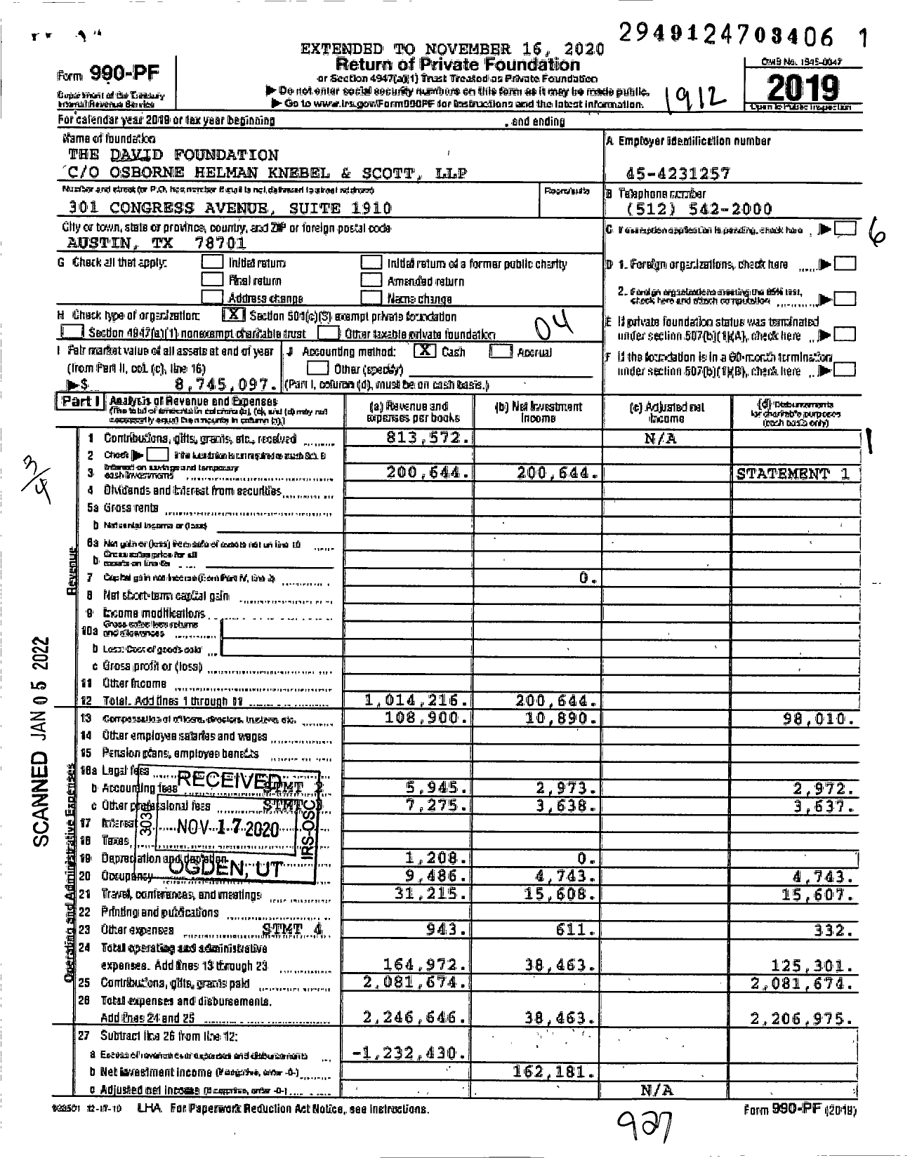 Image of first page of 2019 Form 990PF for The David Foundation