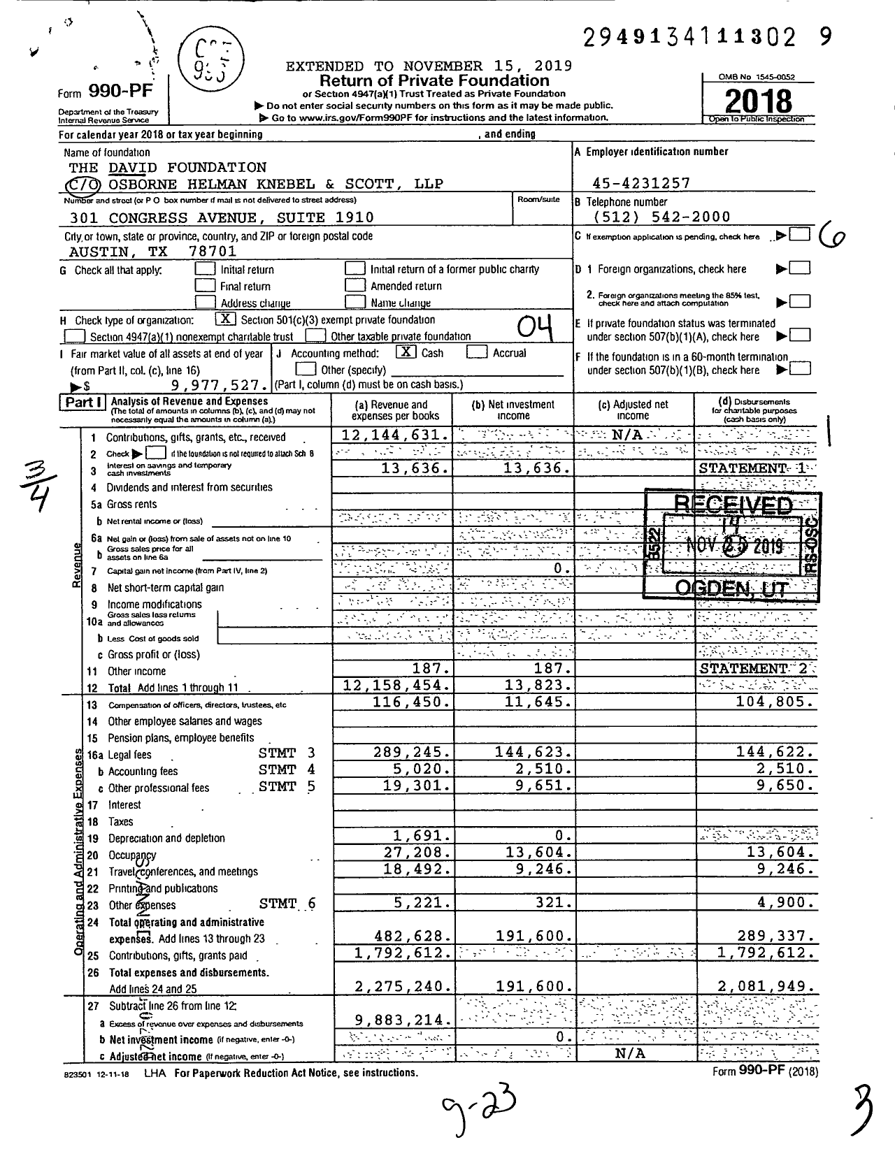 Image of first page of 2018 Form 990PF for The David Foundation