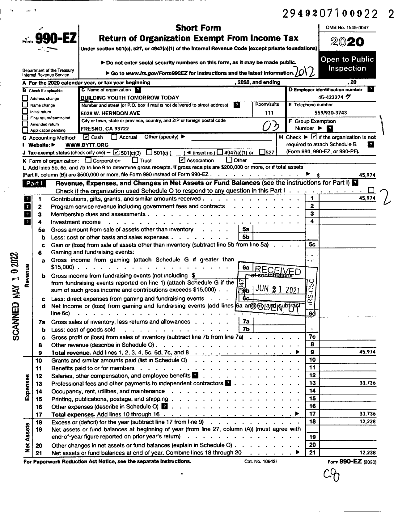 Image of first page of 2020 Form 990EZ for Building Youth Tomorrow Today