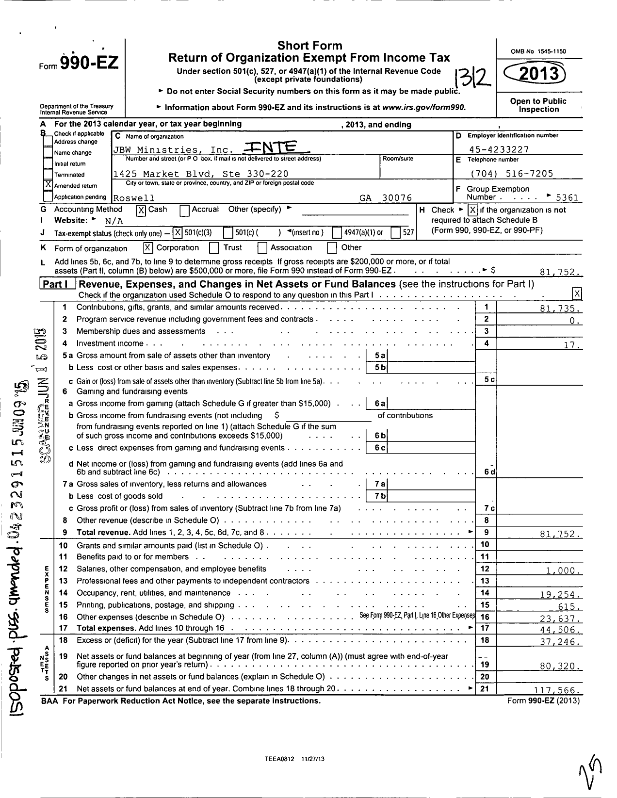 Image of first page of 2013 Form 990EZ for JBW Ministries