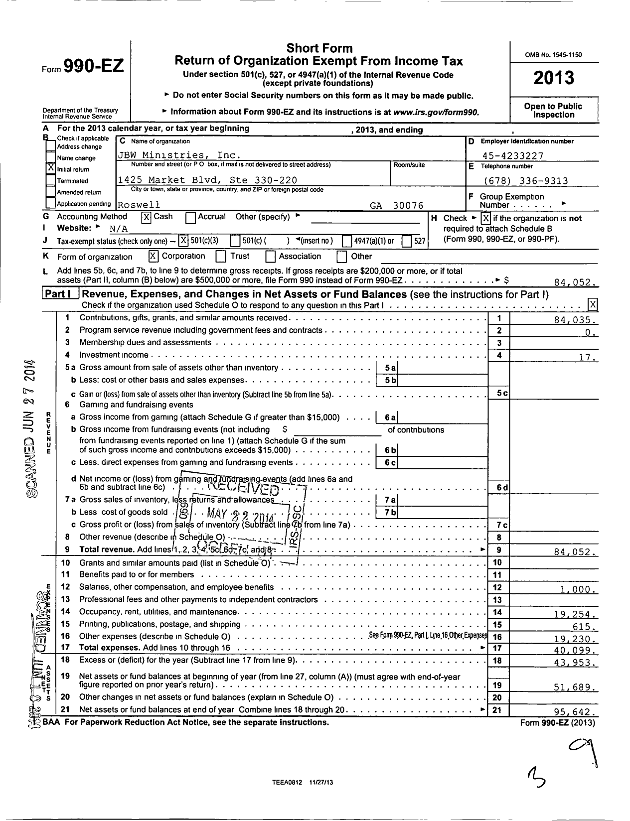 Image of first page of 2013 Form 990EZ for JBW Ministries