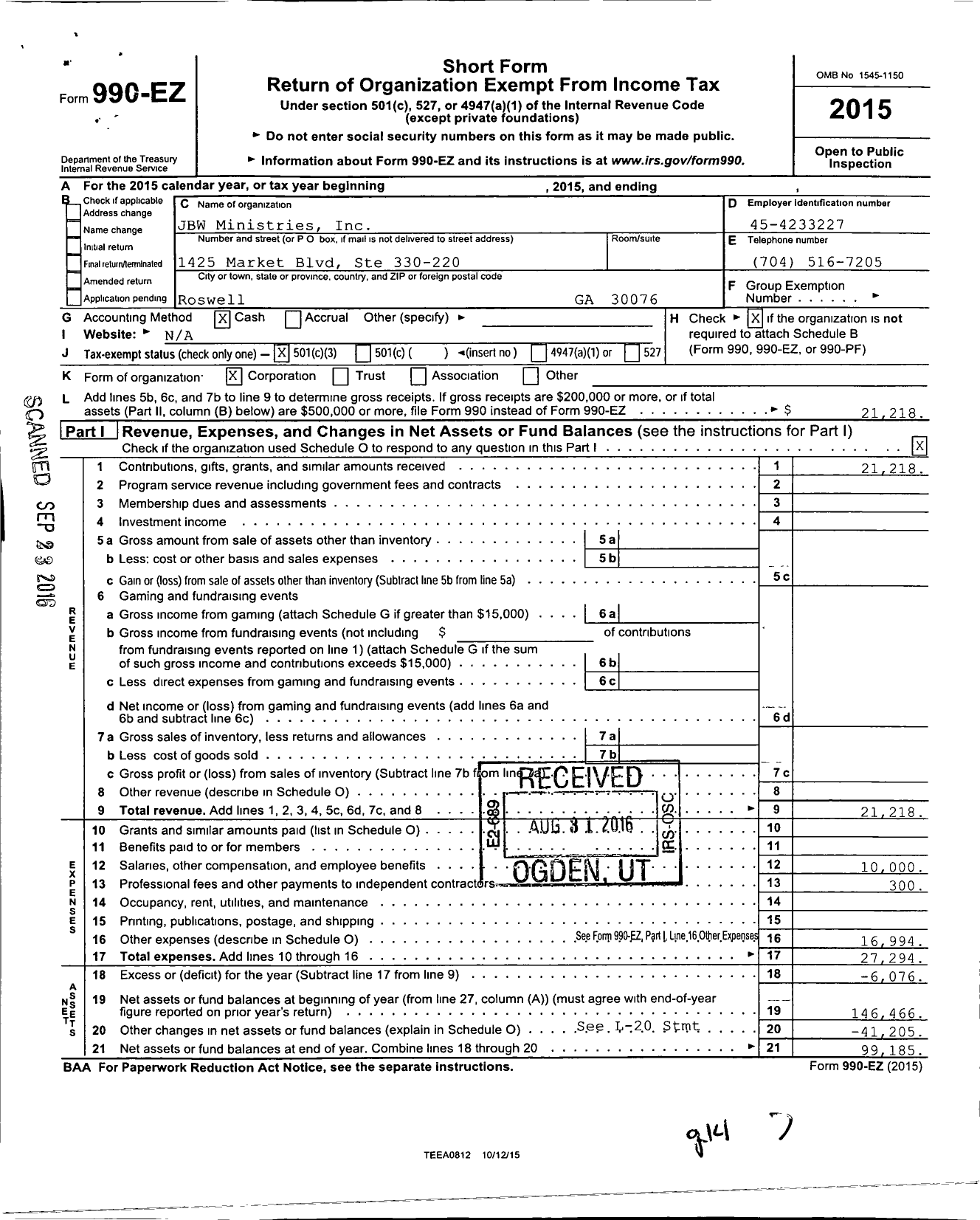 Image of first page of 2015 Form 990EZ for JBW Ministries