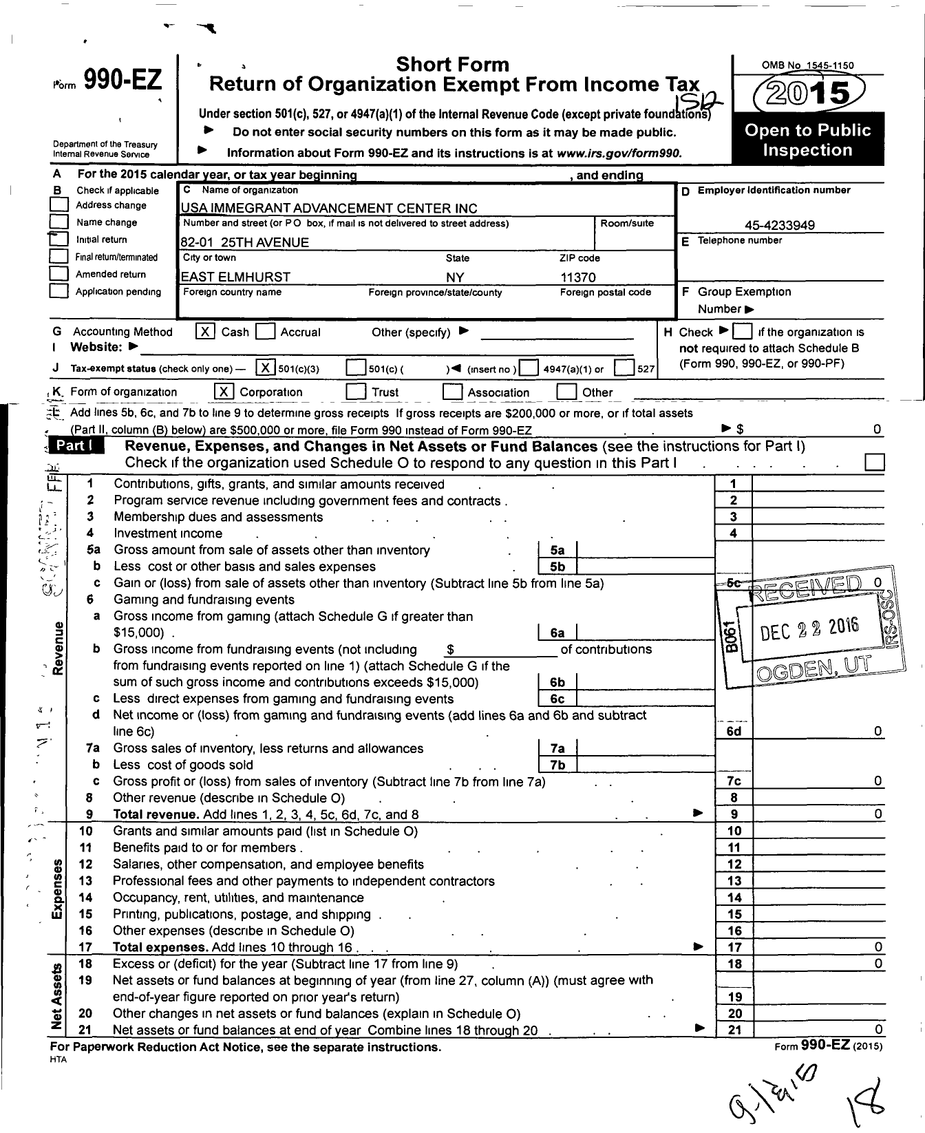 Image of first page of 2015 Form 990EZ for USA Immegrant Advancement Center