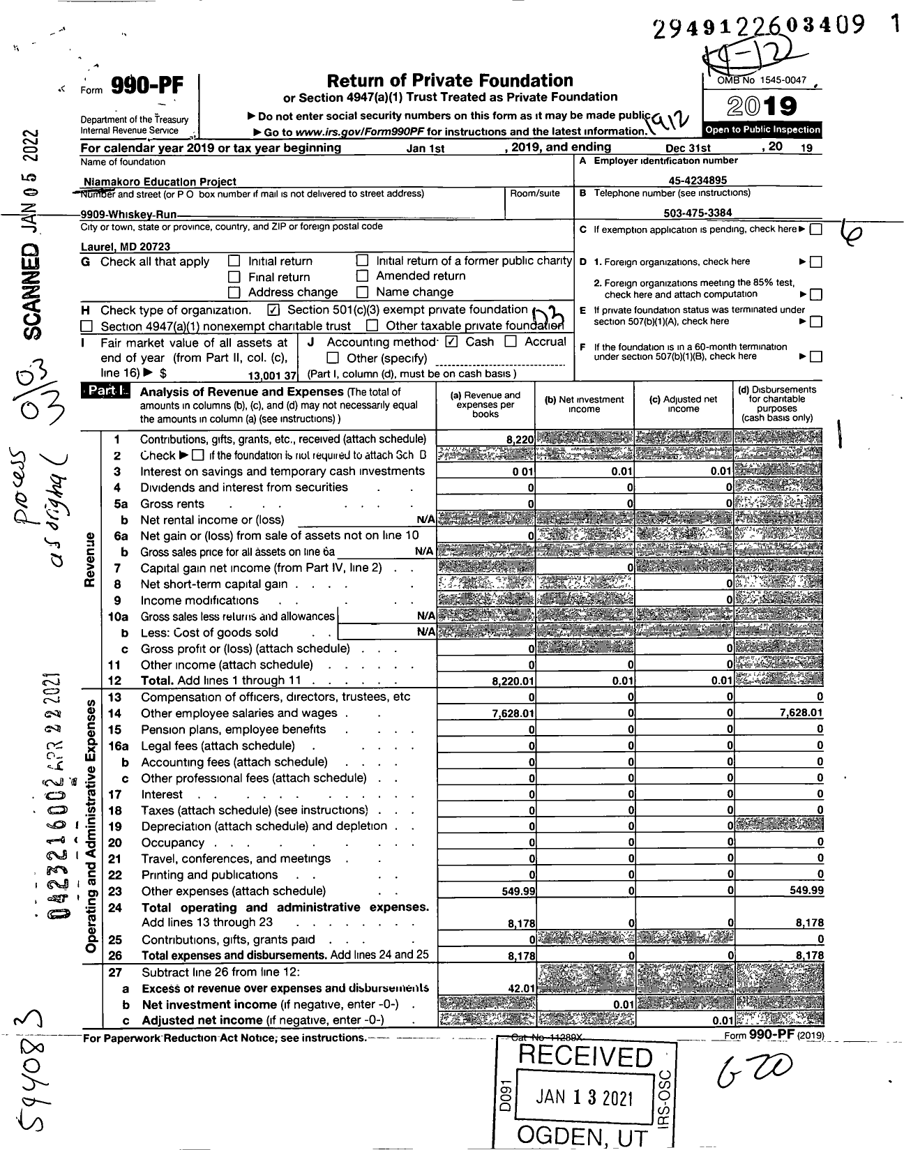 Image of first page of 2019 Form 990PF for Niamakoro Education Project