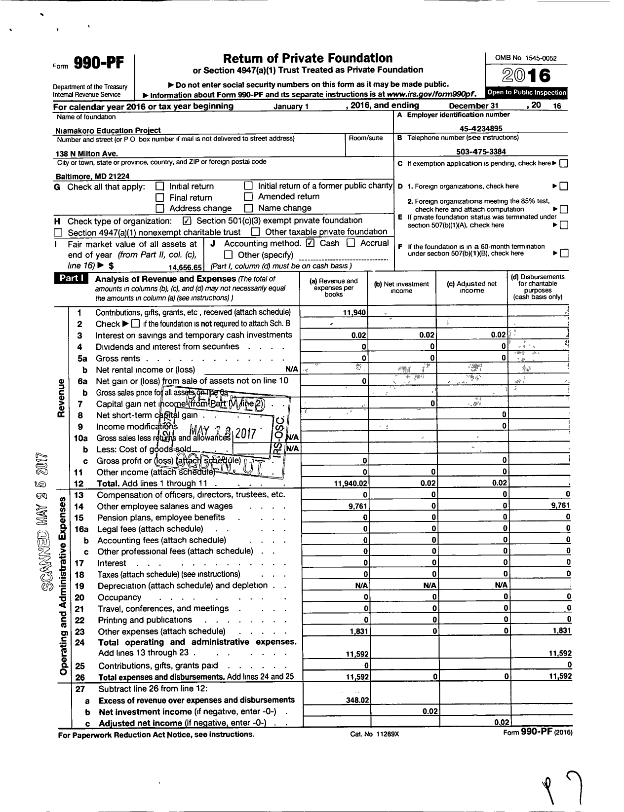 Image of first page of 2016 Form 990PF for Niamakoro Education Project