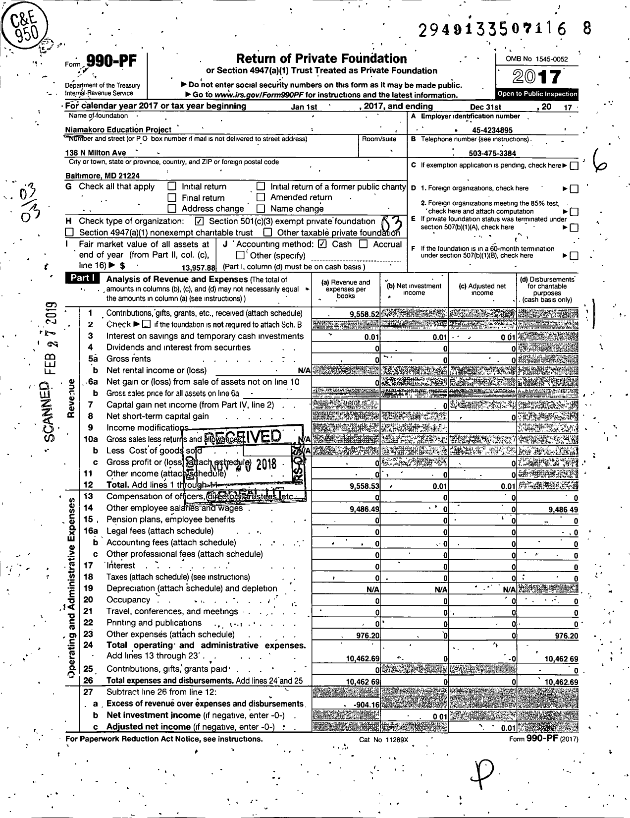 Image of first page of 2017 Form 990PF for Niamakoro Education Project